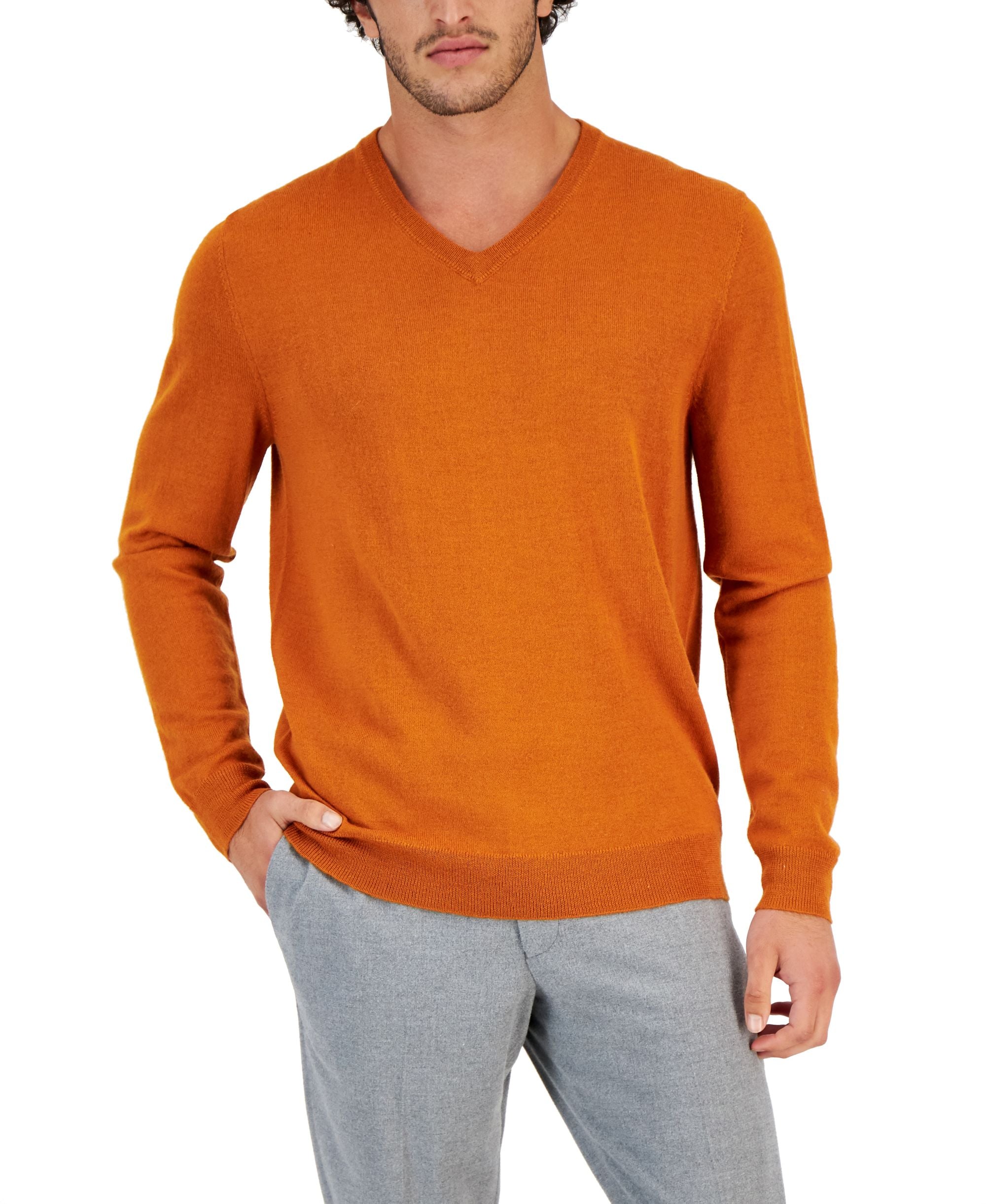 Men's Solid V-Neck Merino Wool Blend Sweater