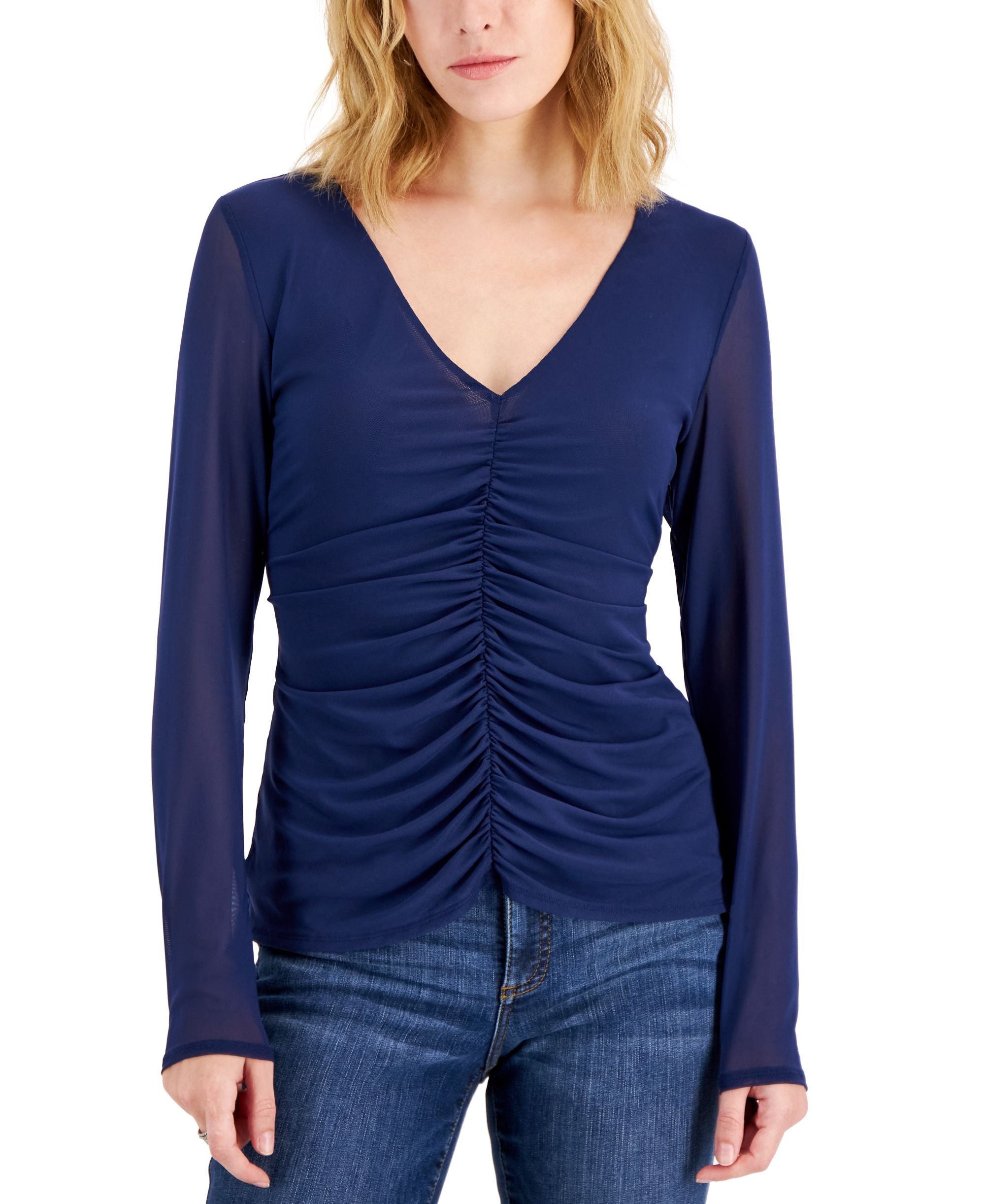 INC International Concepts Womens Ruched Center V Neck Top
