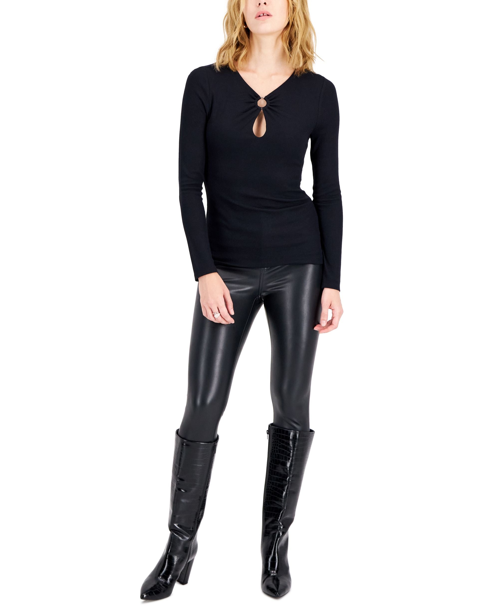 INC International Concepts Womens Ribbed Ring Keyhole Top