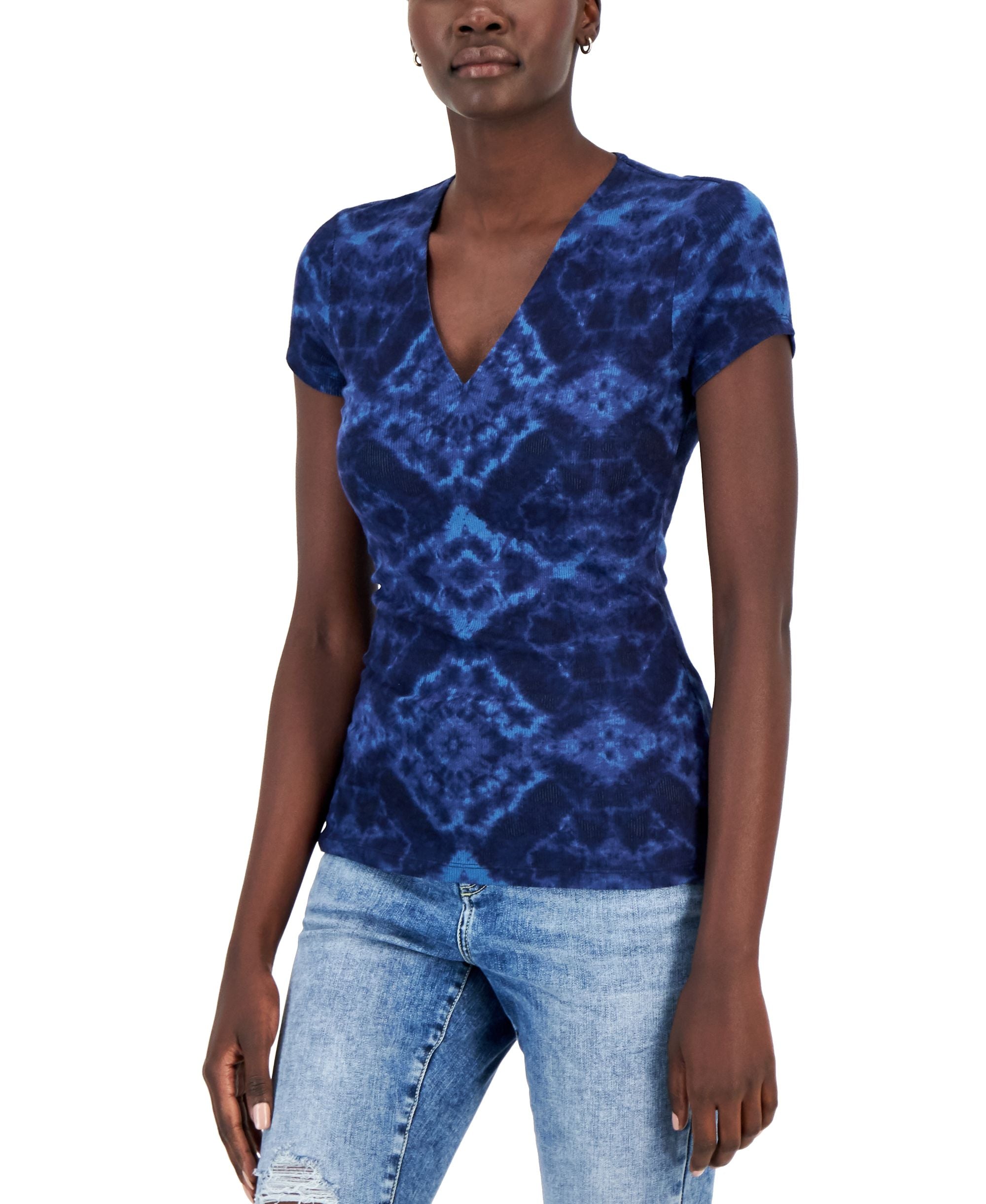 INC International Concepts Womens Tie Dye Ribbed V Neck T-Shirt