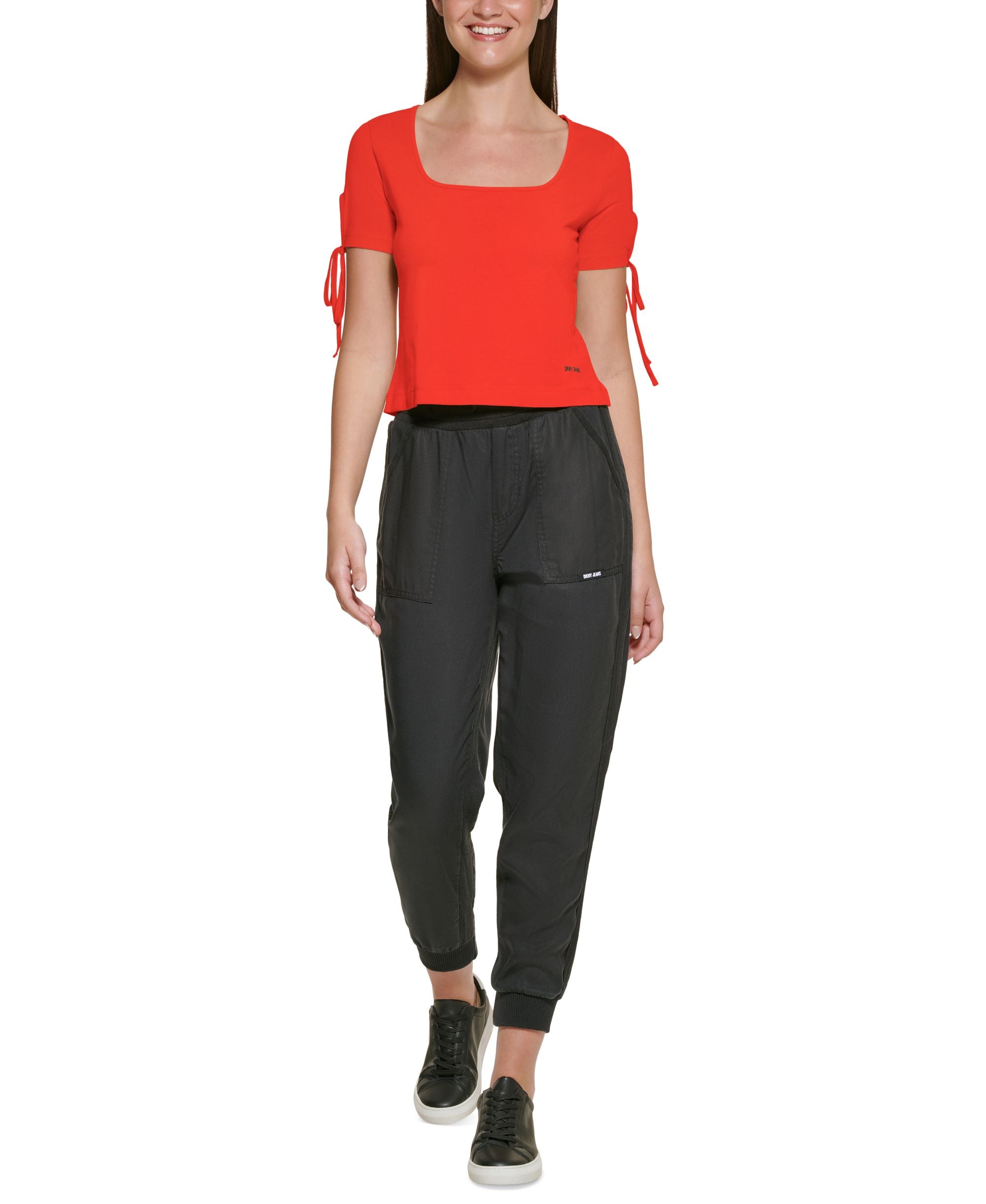 DKNY Jeans Womens Cropped Tied Sleeve T-Shirt