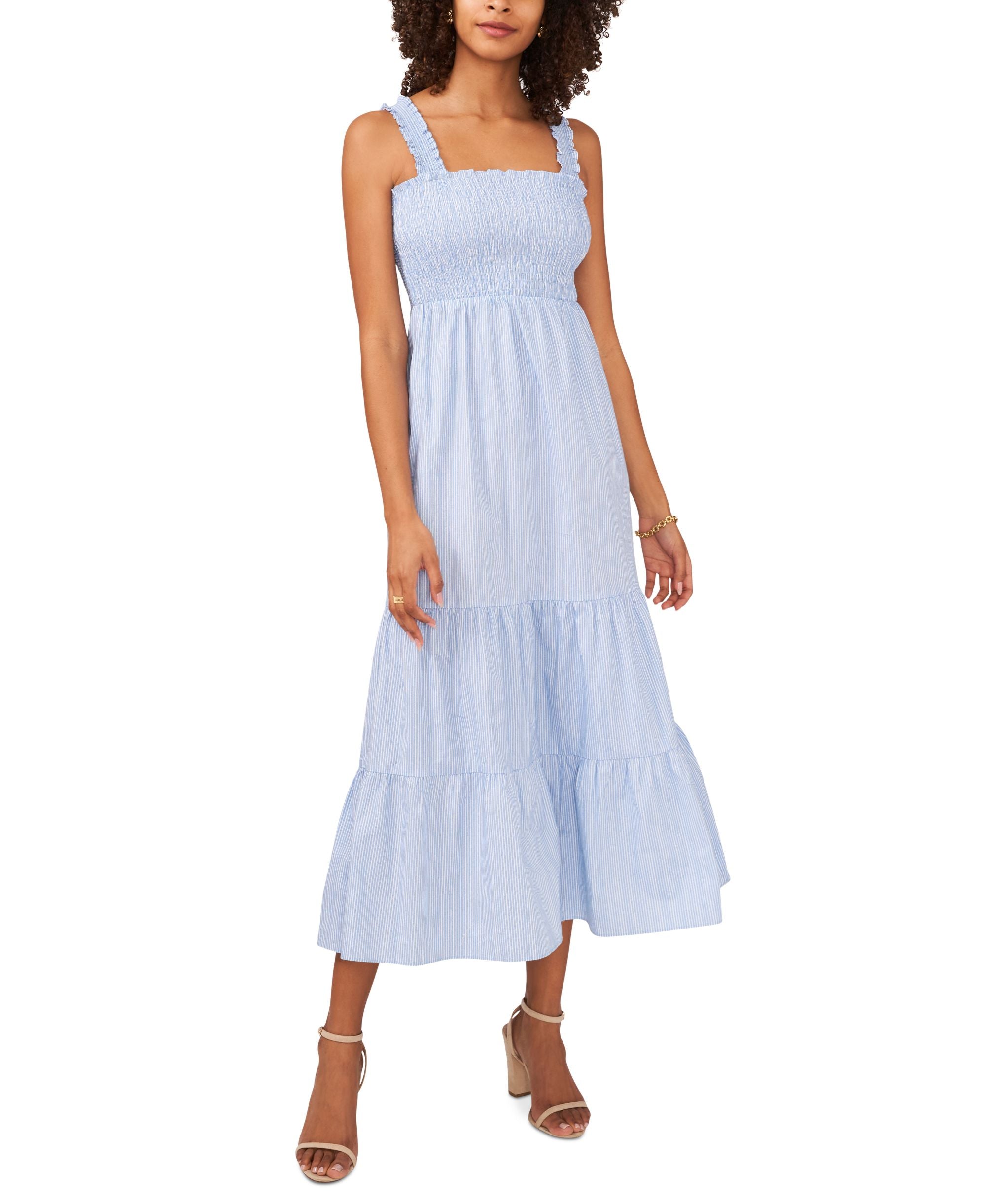 Womens Striped Smocked Midi Dress
