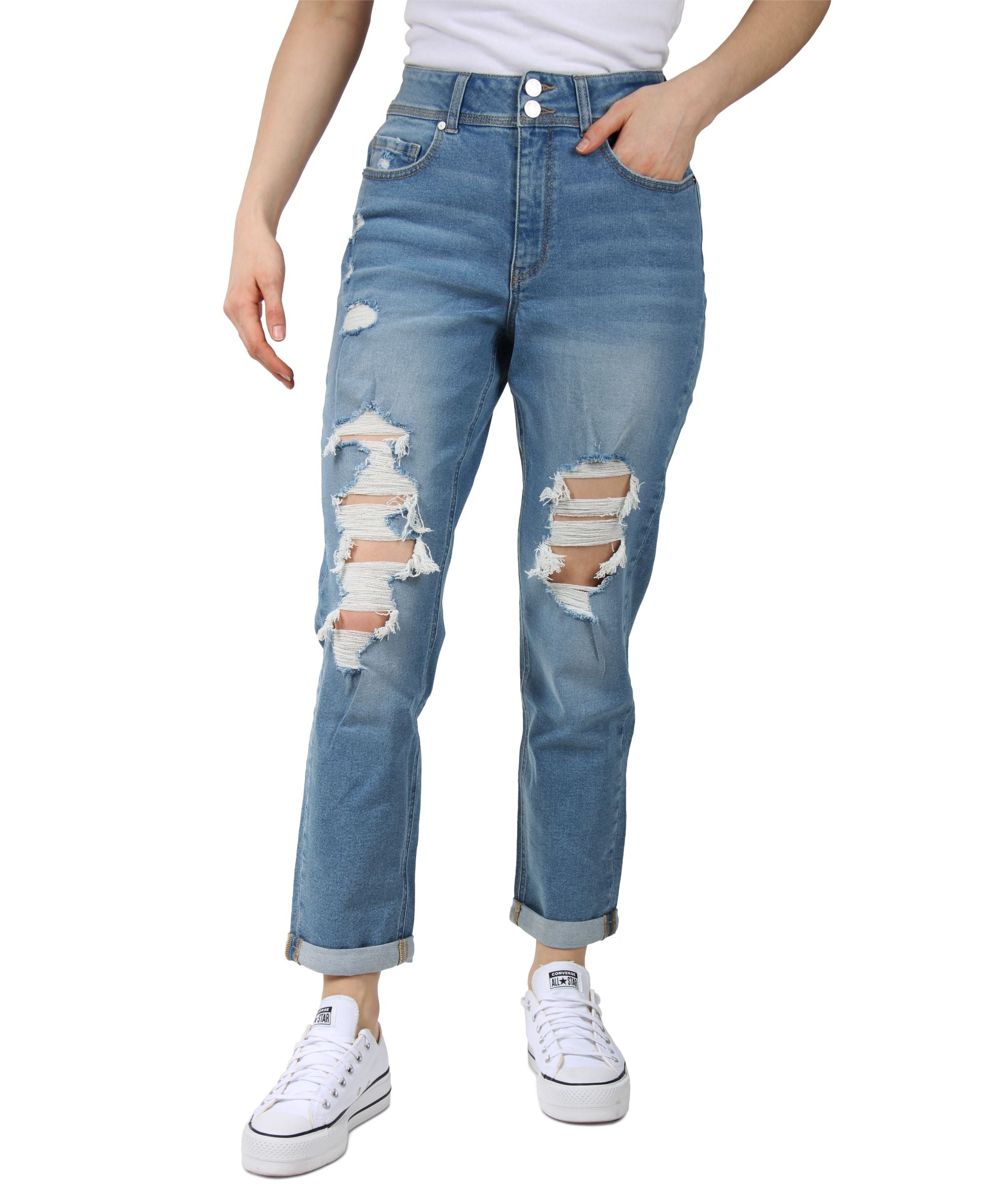 Juniors' Destructed Double-Button Mom Jeans