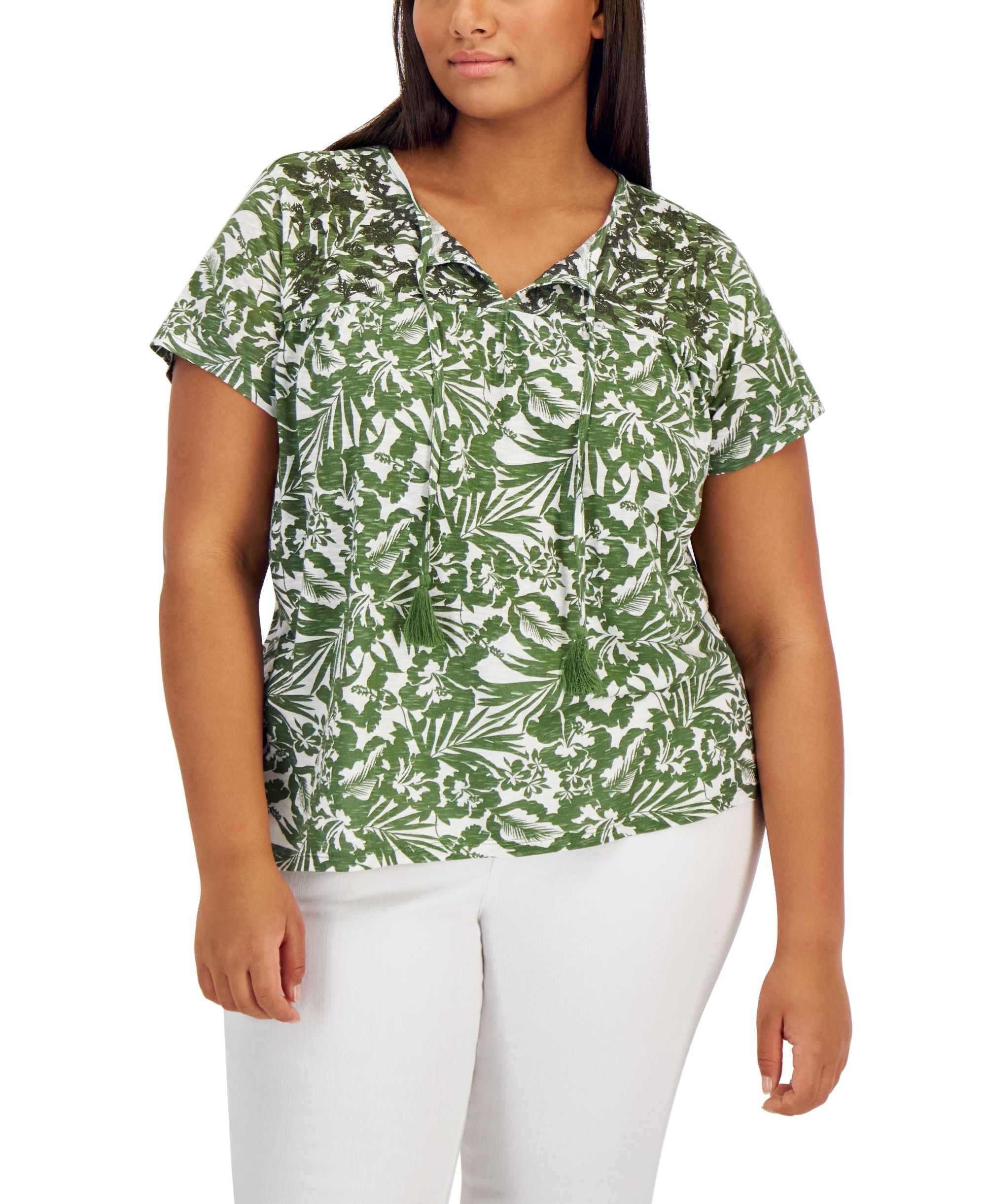 Style & Co Plus Size Embroidered Tassel T-Shirt
