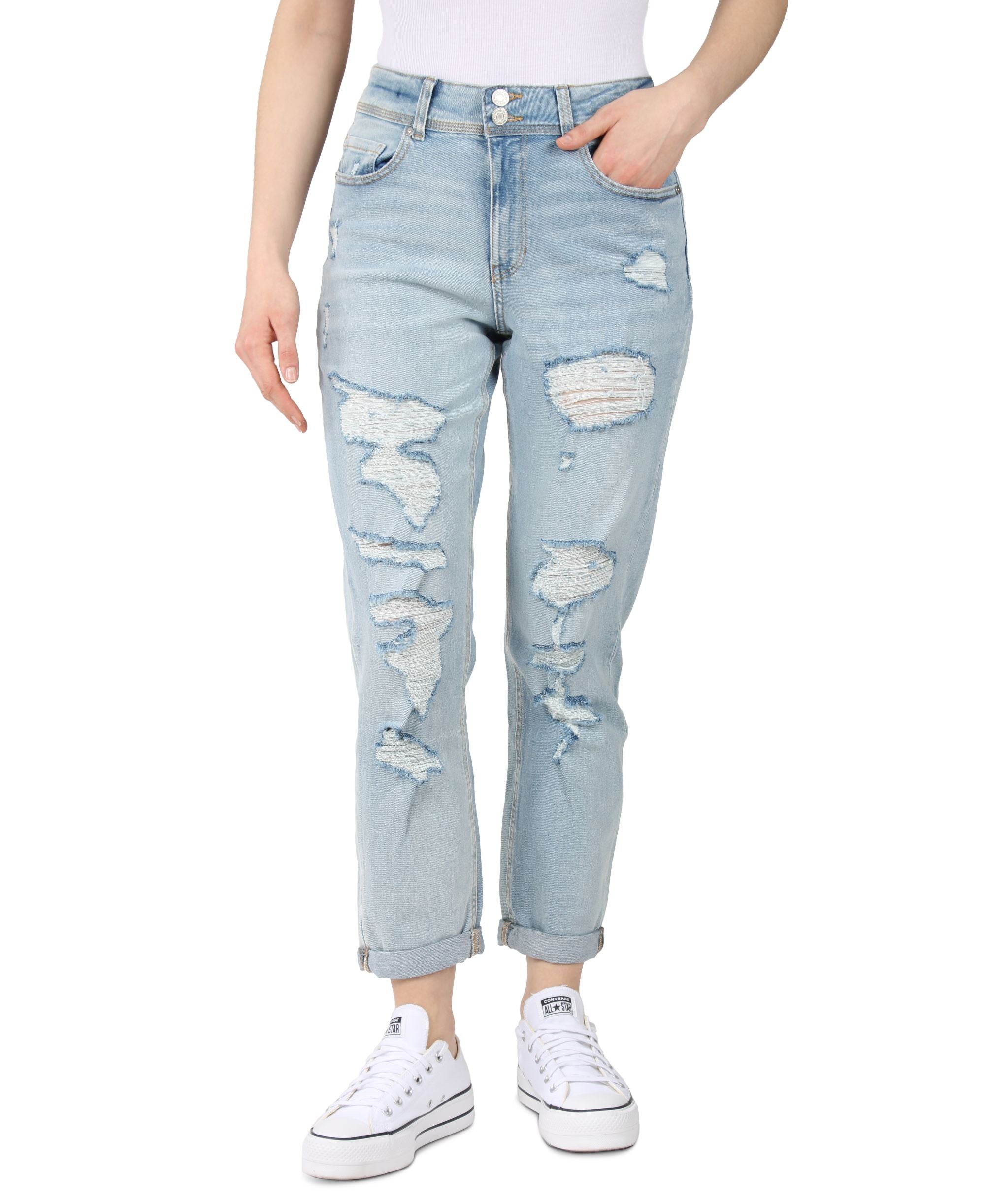 Juniors' Destructed Double-Button Mom Jeans