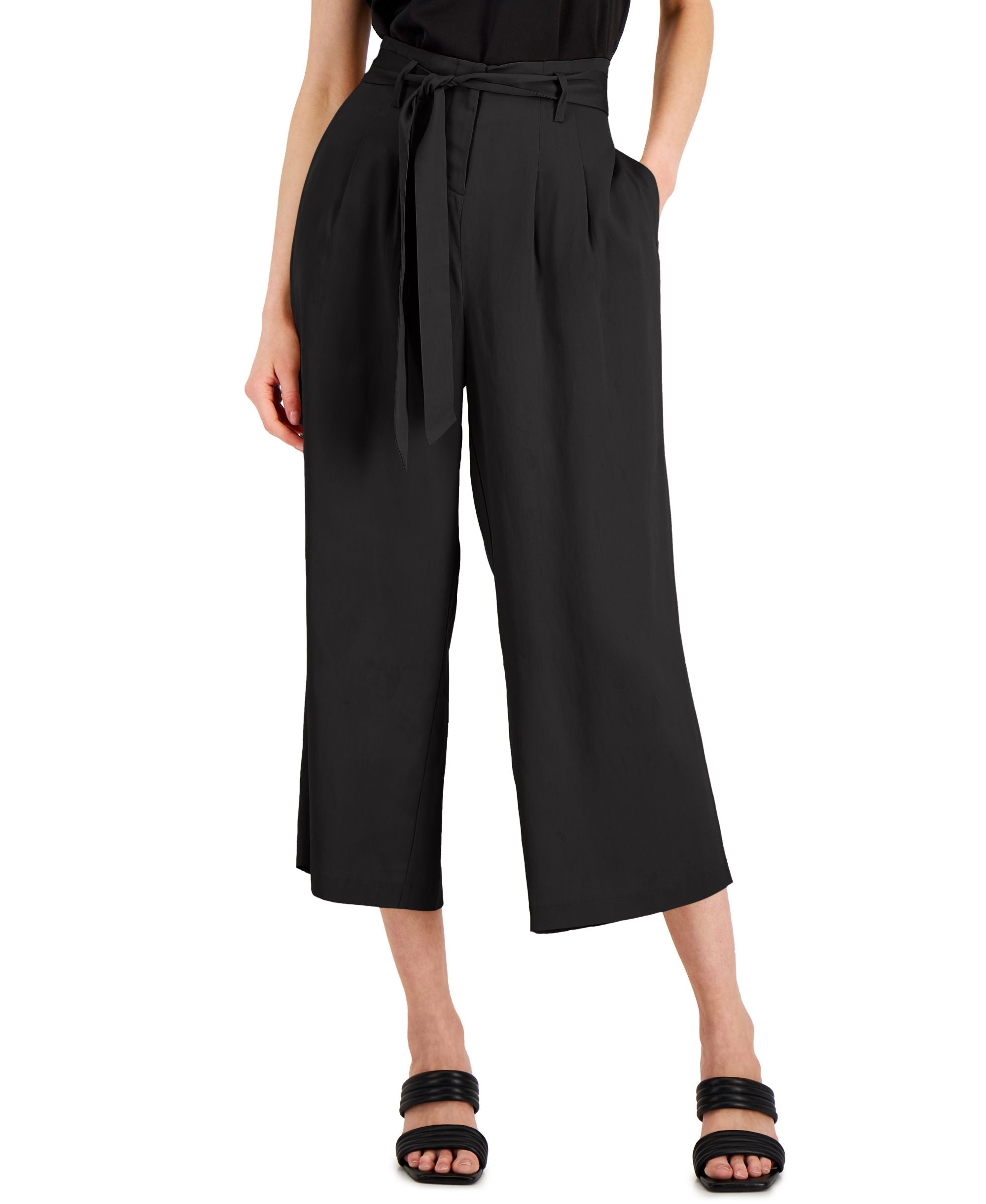 Alfani Womens Tie Waist Cropped Wide Leg Pants