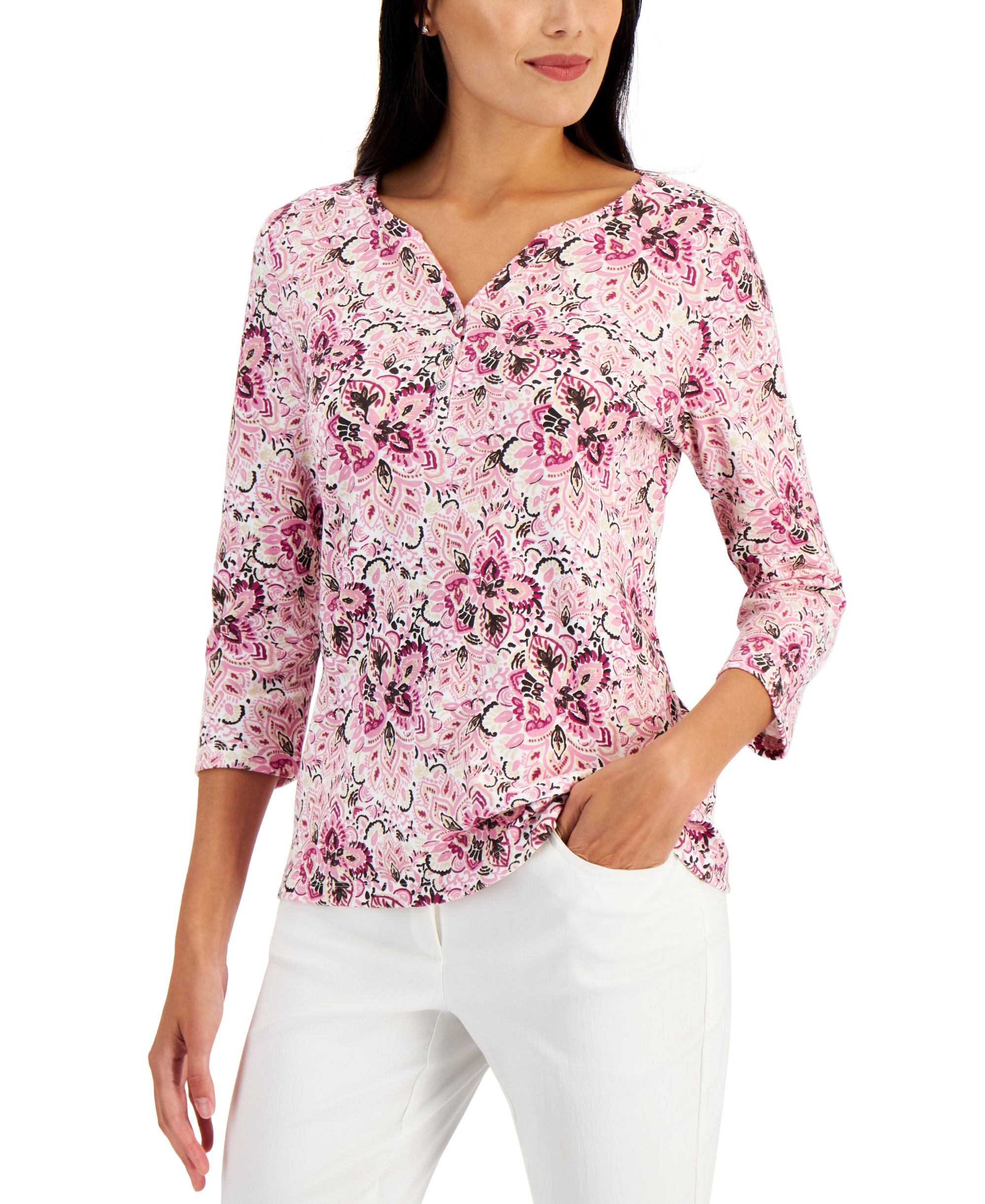 Karen Scott Petite 3/4 Sleeve Printed Henley