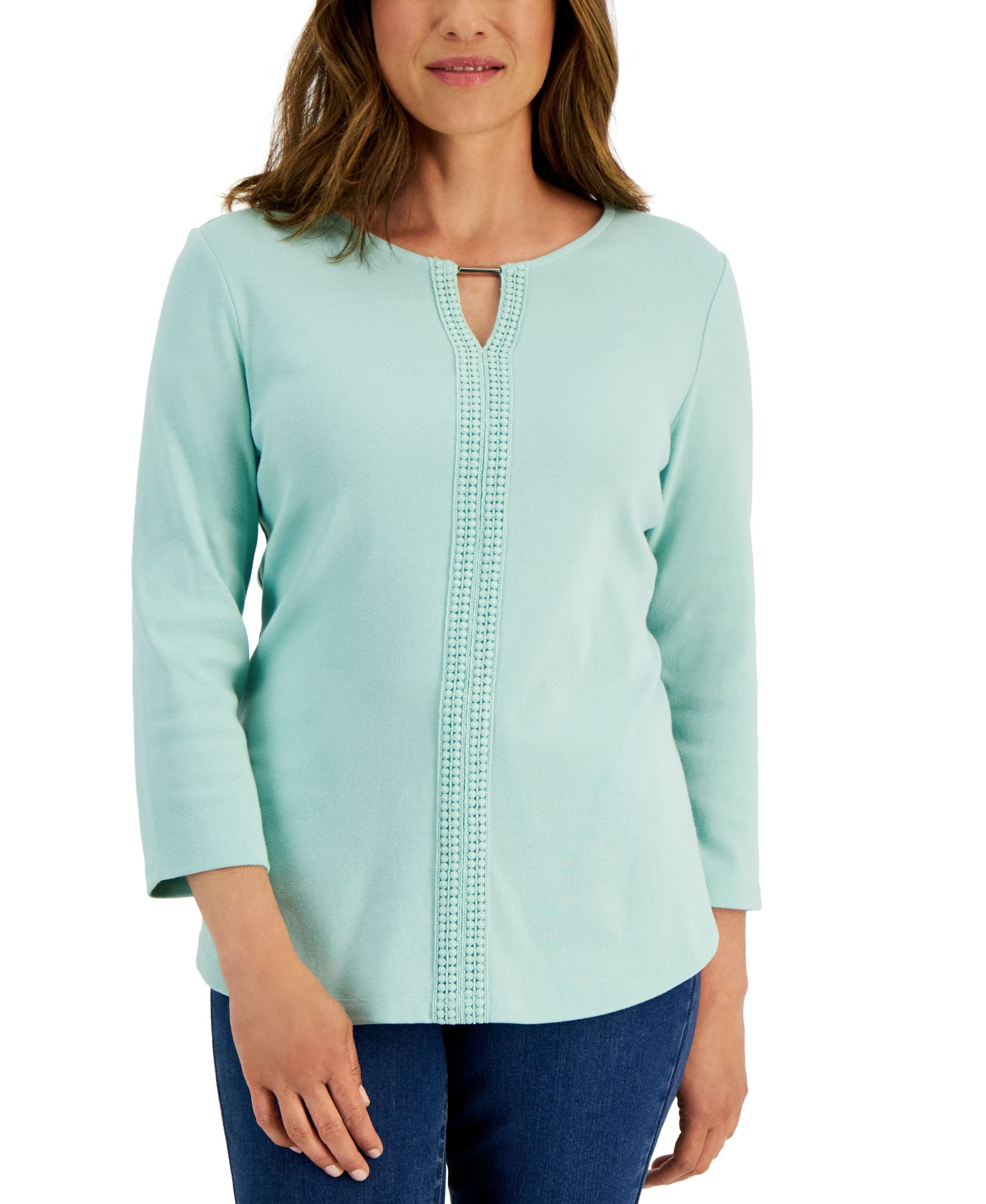 Karen Scott Womens 3/4 Sleeve Crochet Detail Top