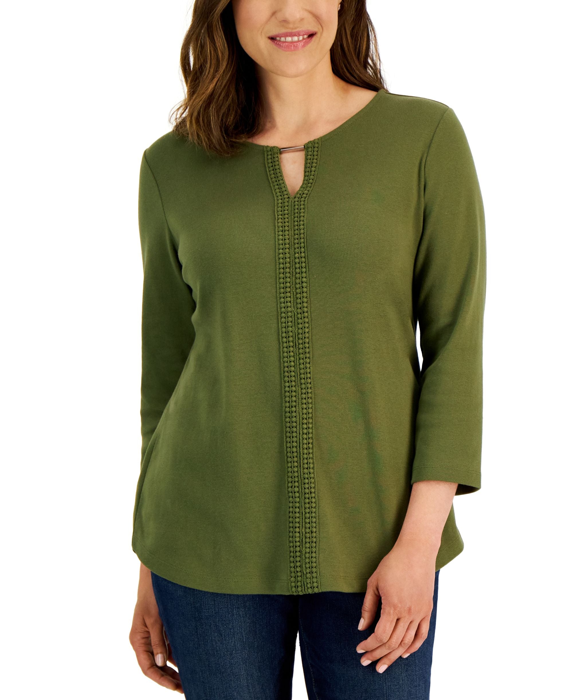 Karen Scott Womens 3/4 Sleeve Crochet Detail Top