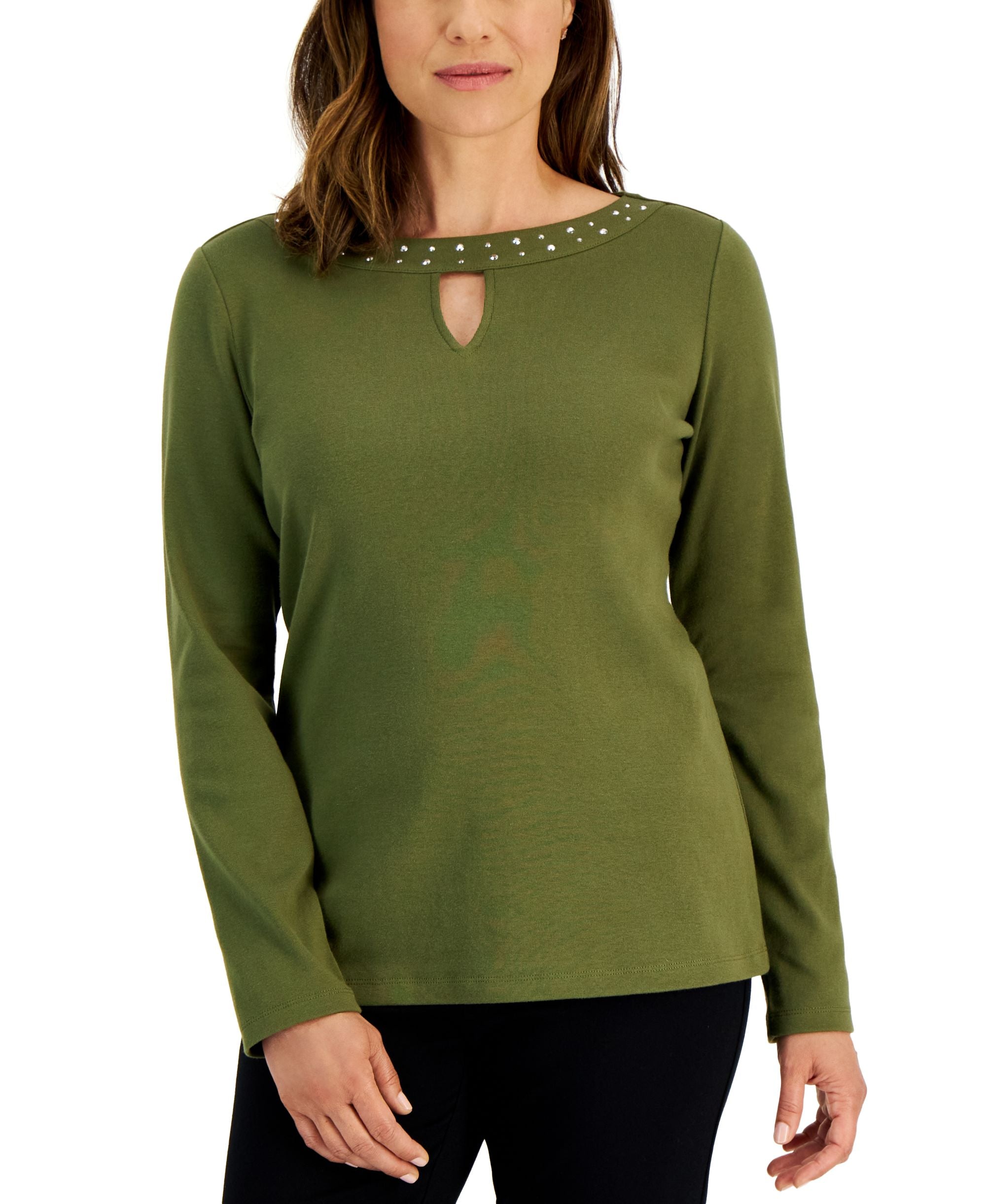 Karen Scott Petite Cotton Hotfix Embellished Keyhole Top