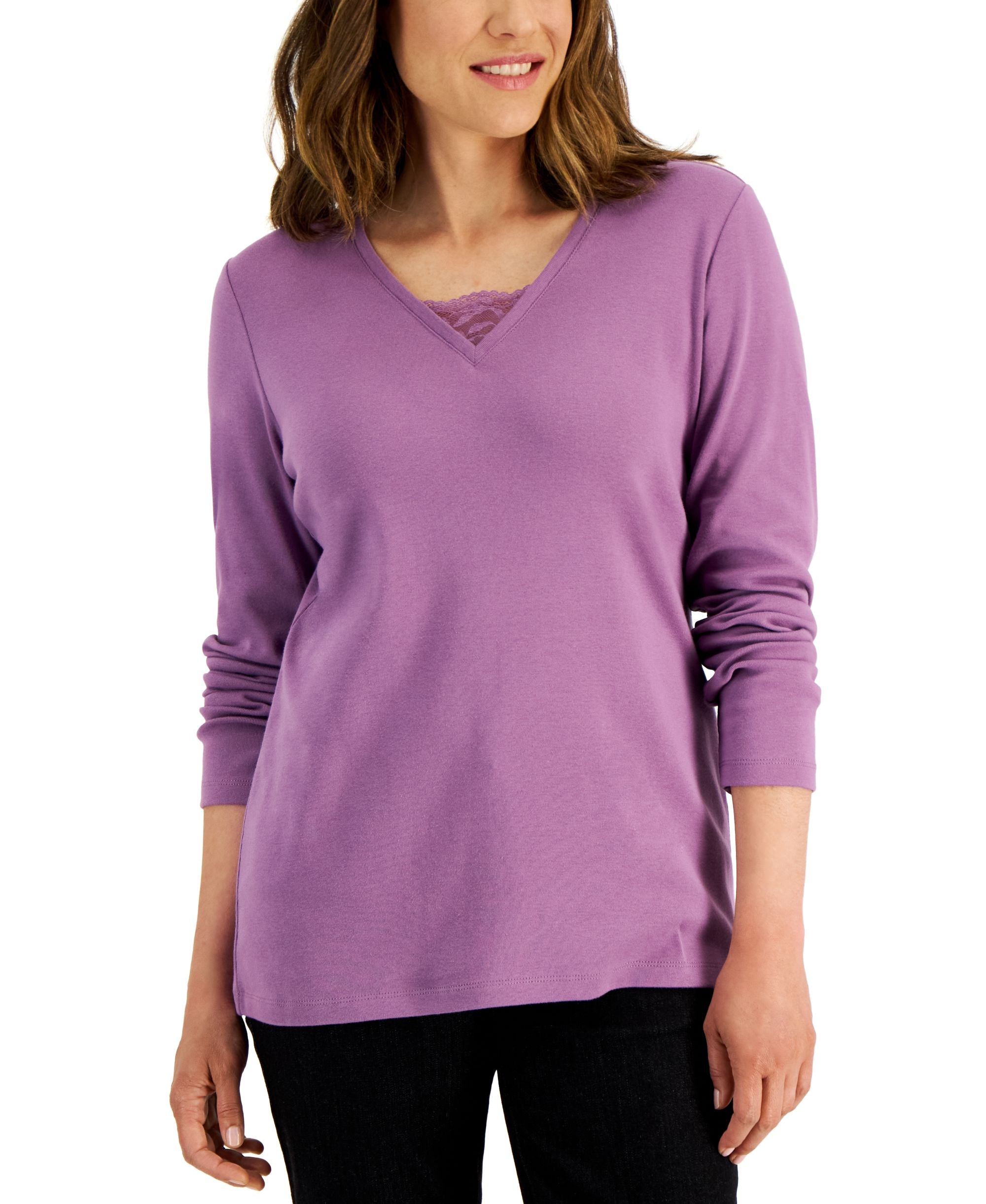 Karen Scott Womens Long Sleeve Lace Inset V Neck