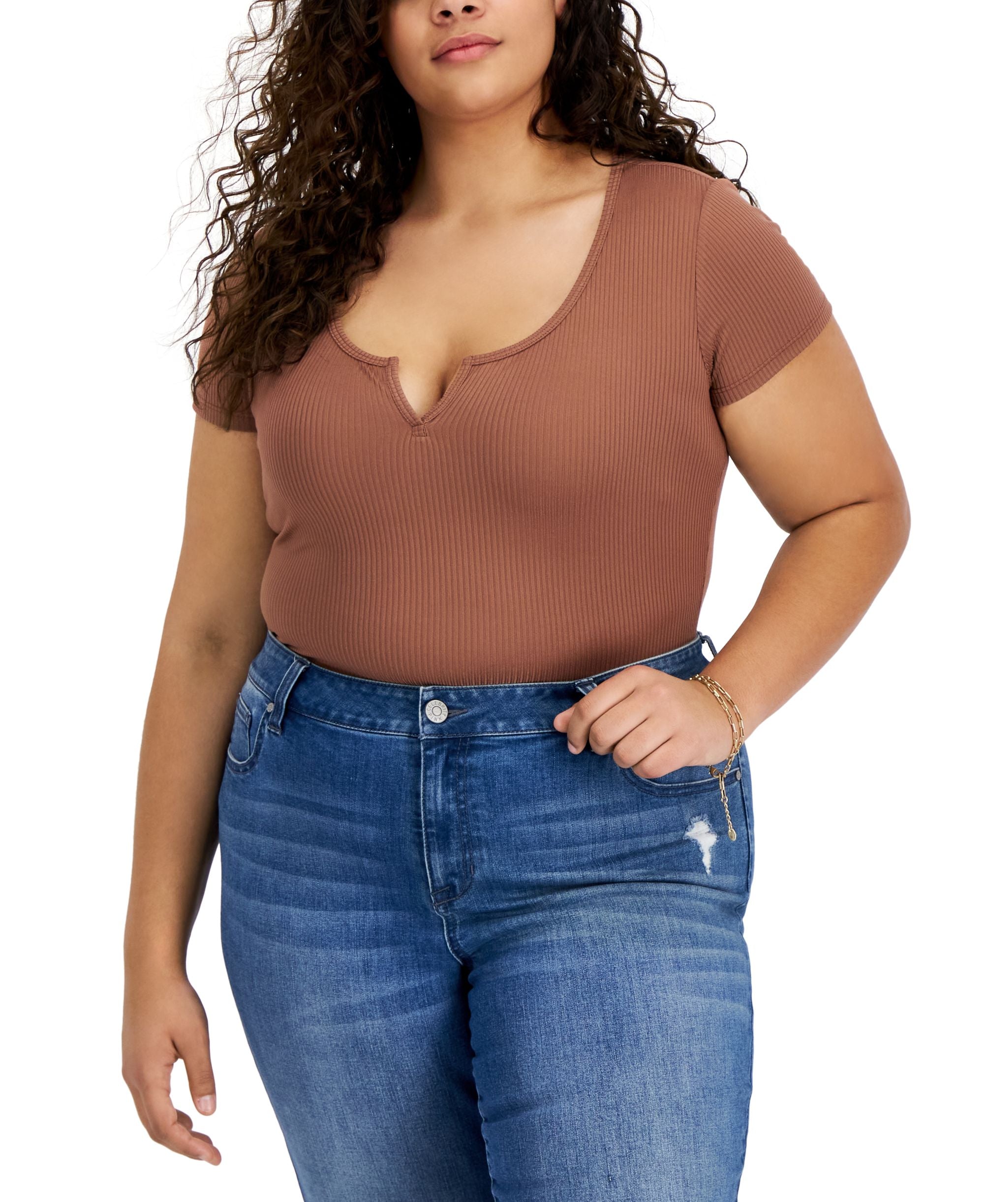 Trendy Plus Size V-Notch Bodysuit