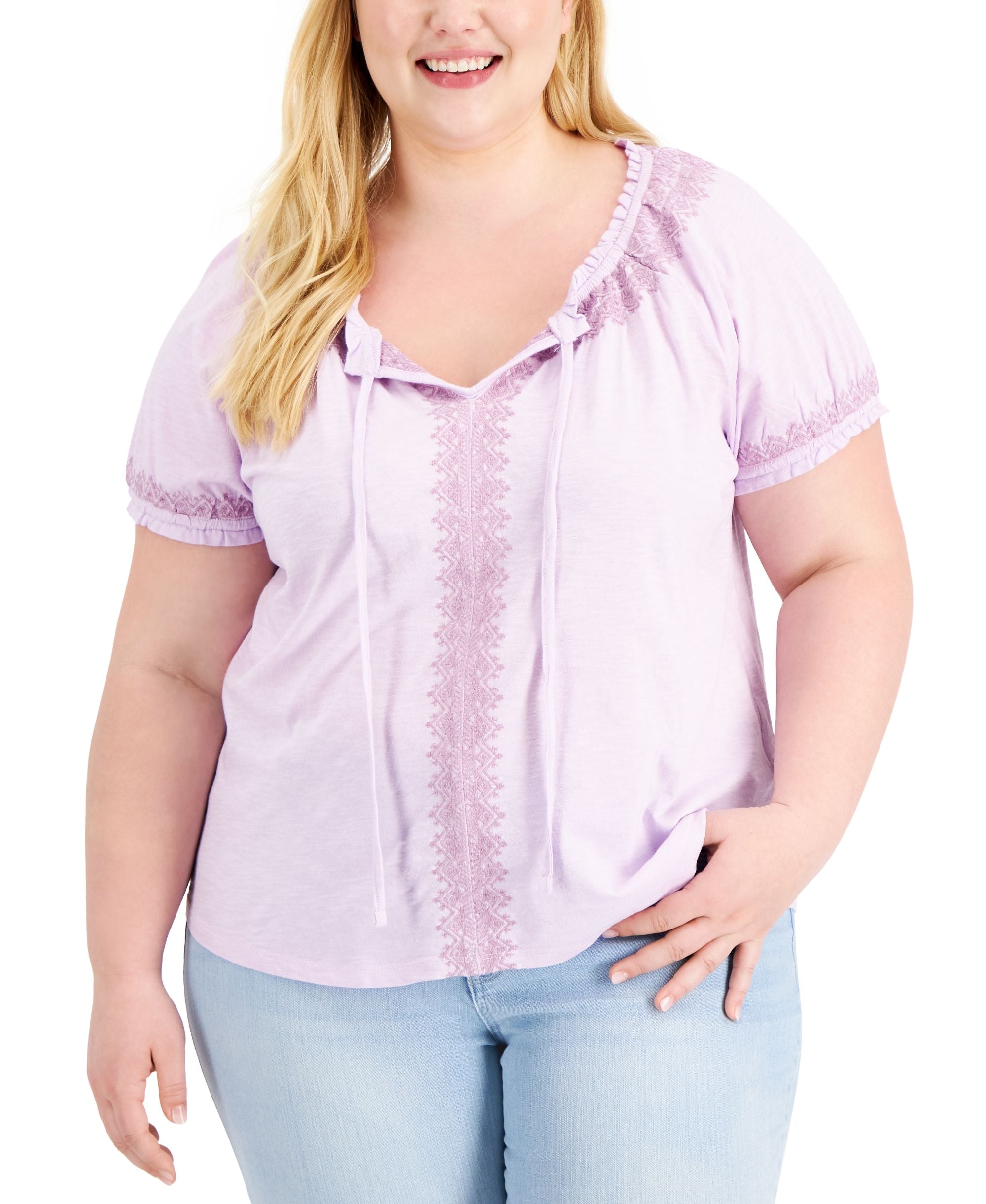 Style & Co Womens Embroidered Puff Sleeve Blouse