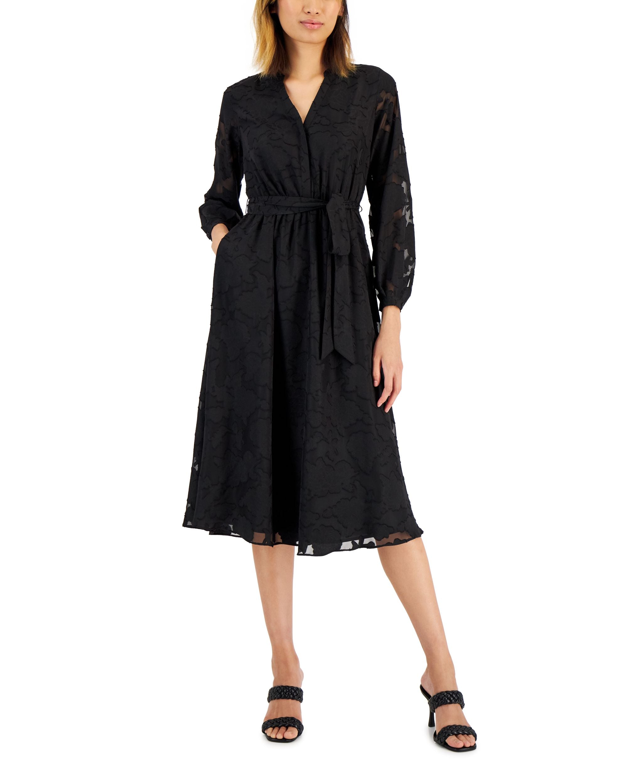 Petite Jacquard Mesh-Sleeve Belted Shirtdress