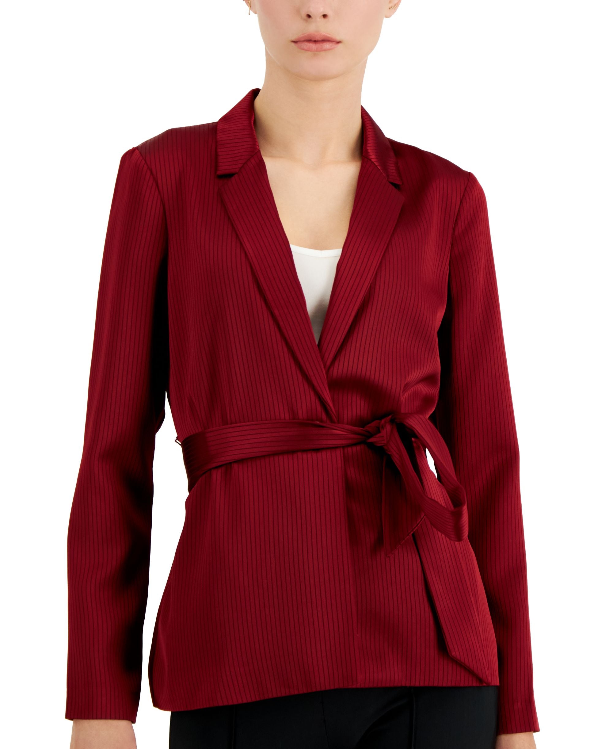 Alfani Petite Tie Waist Pinstripe Blazer