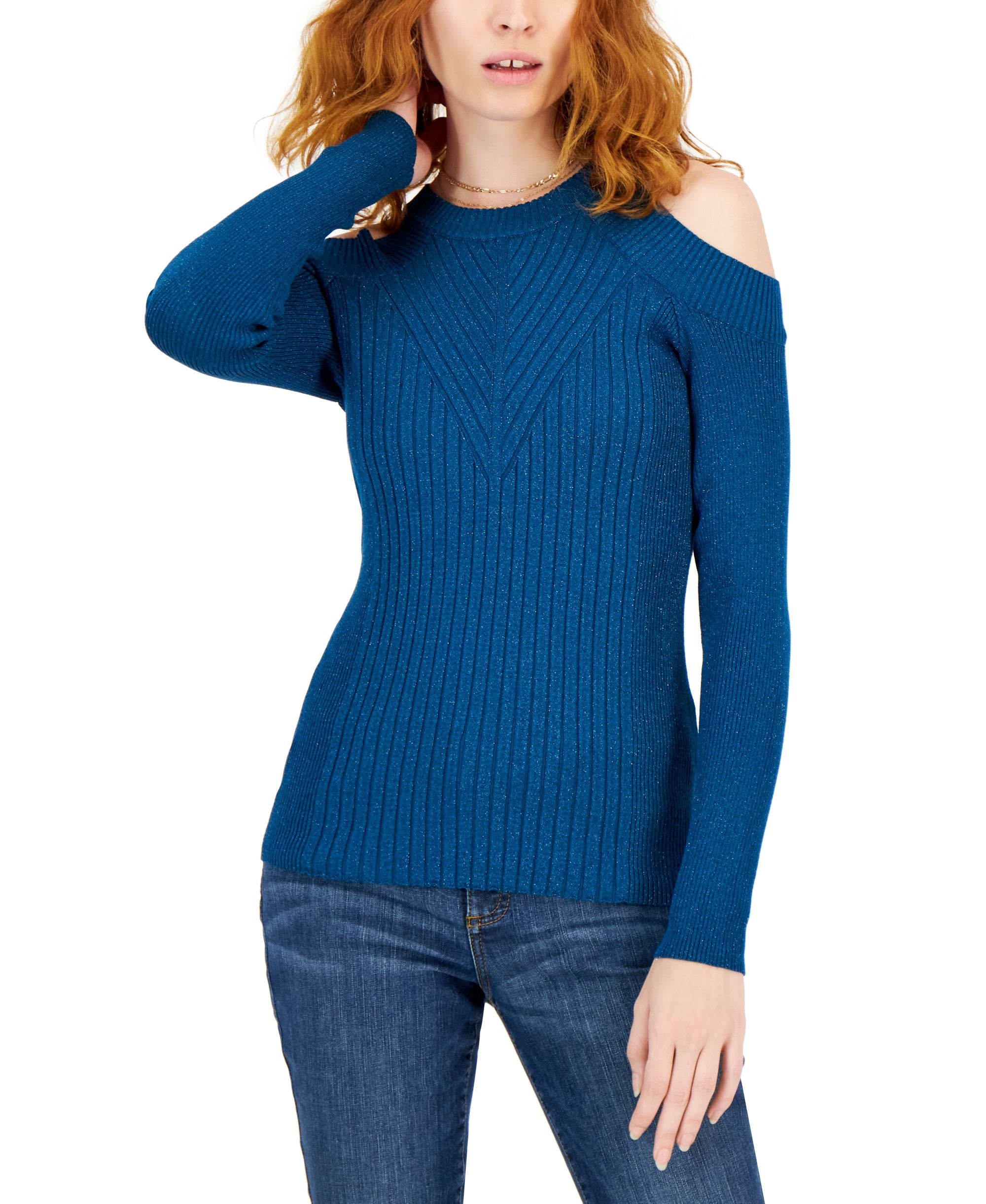 International Concepts Womens Cold Shoulder Ribbed Knit Metallic Sweater