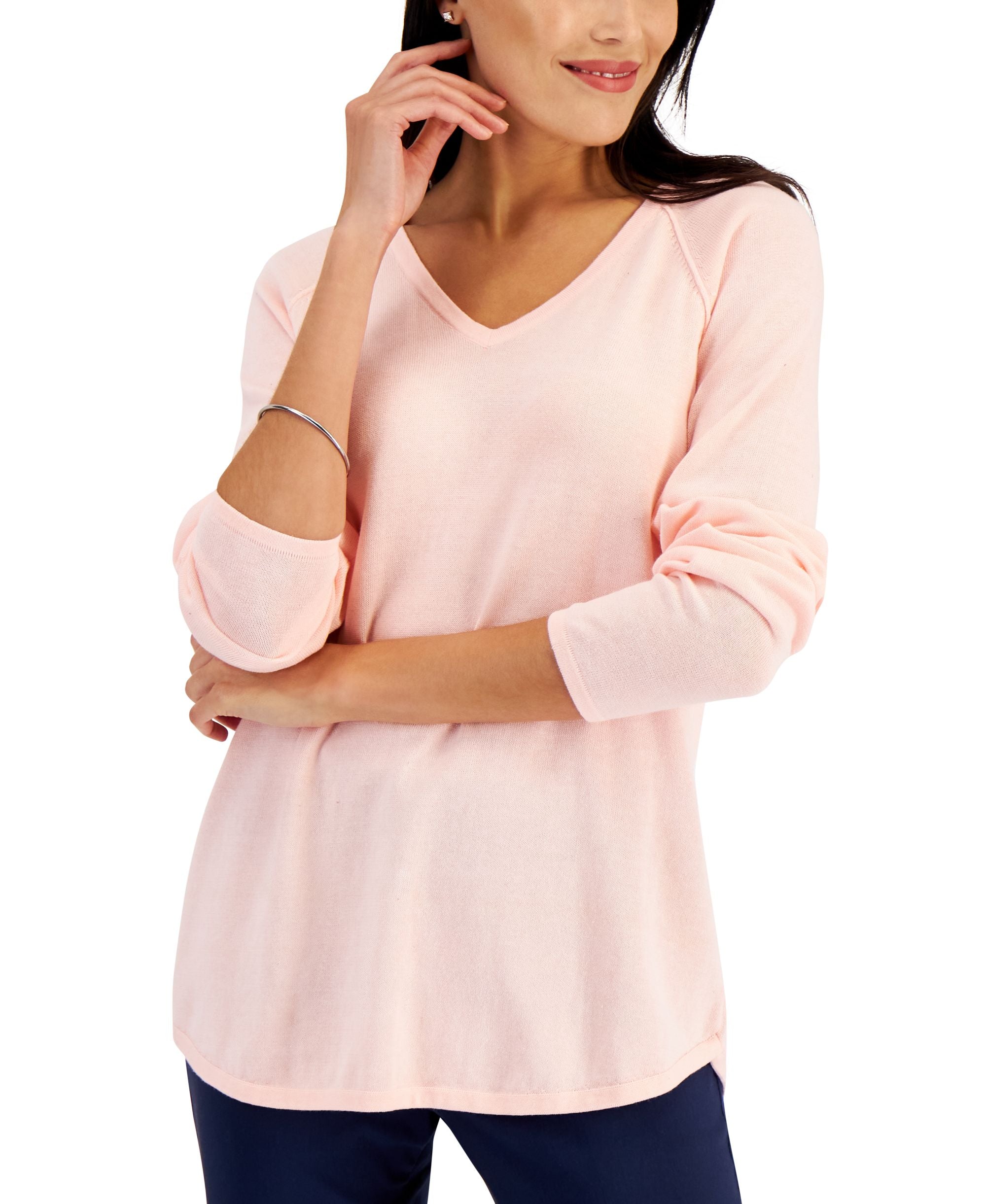 Petite Cotton V-Neck Curved-Hem Pullover Sweater