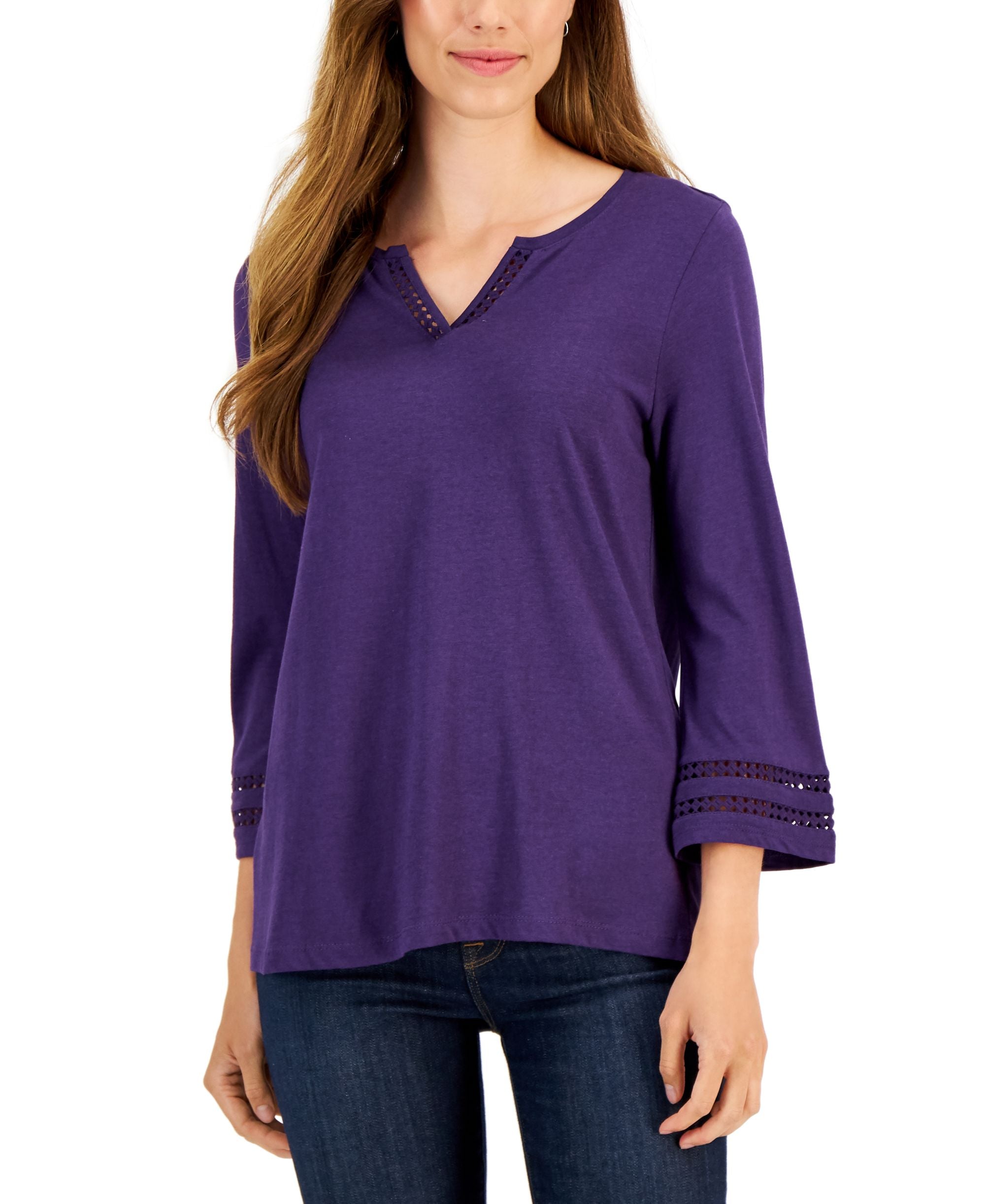 Karen Scott Womens Ladder Trim 3/4 Sleeve Split Neck Top