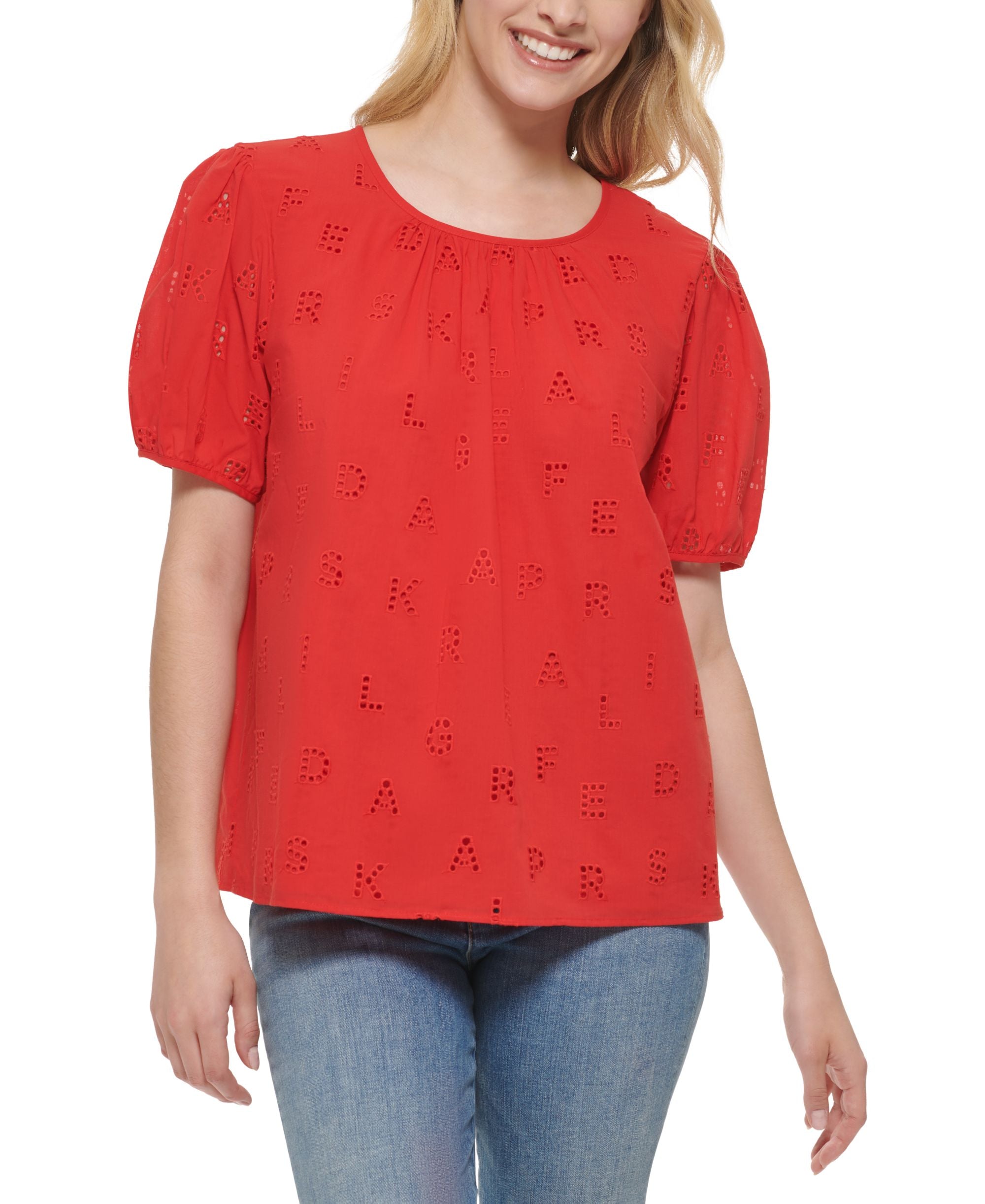 Karl Lagerfeld Paris Womens Logo Eyelet Blouse