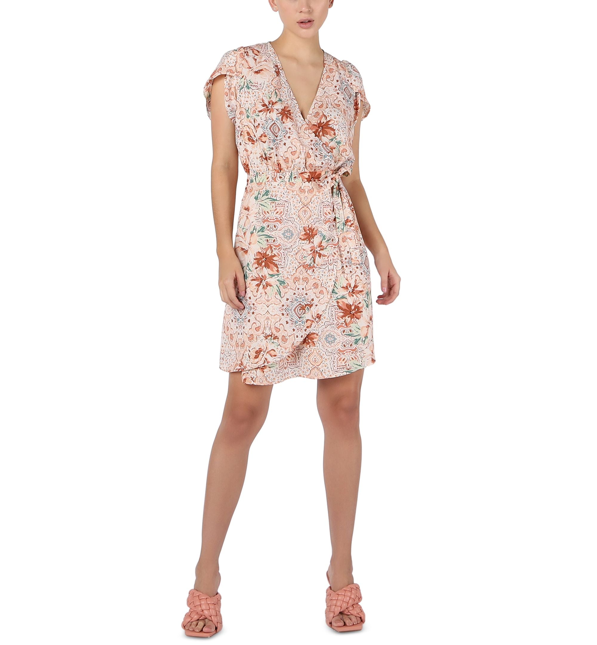 Black Tape Petite Printed Flutter Sleeve Wrap Dress