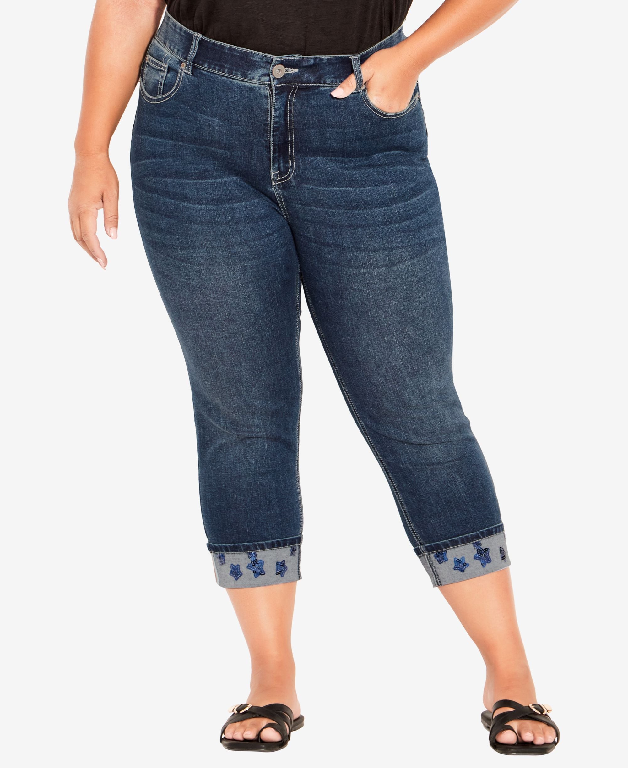 Plus Size Sequin Cuff Capri Jeans
