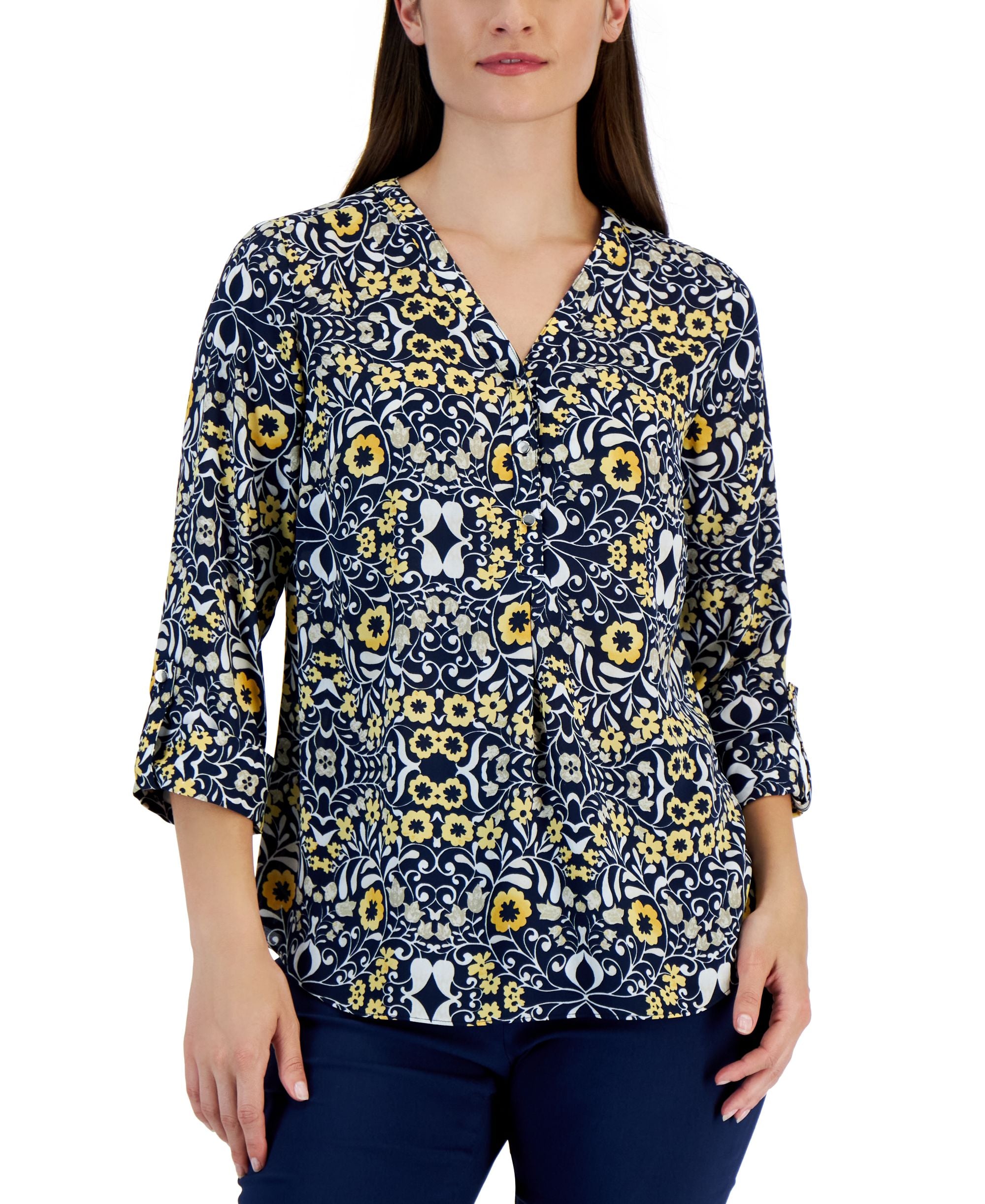 JM Collection Womens Folk Travels Printed Top