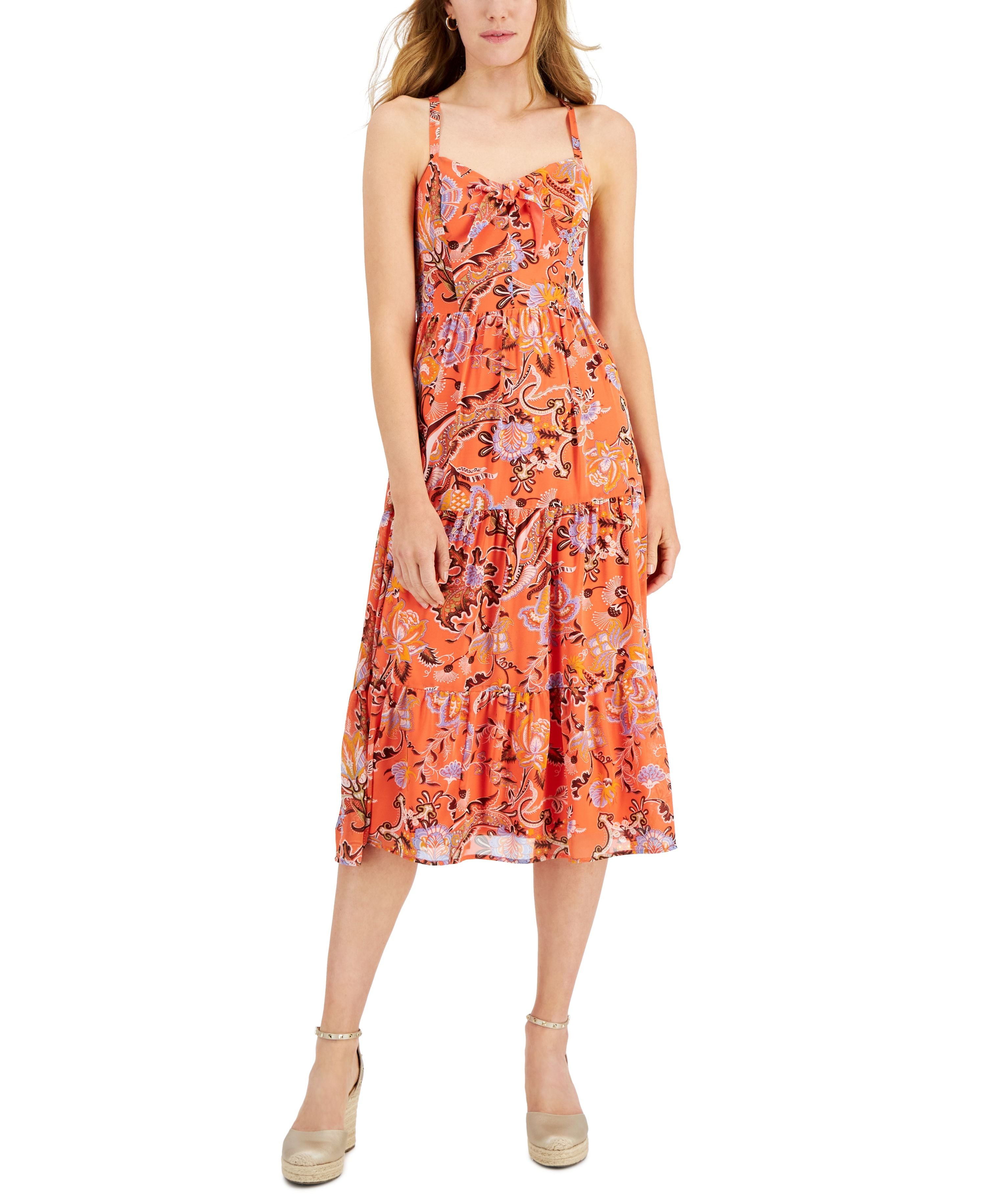 INC International Concepts Printed Tie-Detail Tiered Midi Dress