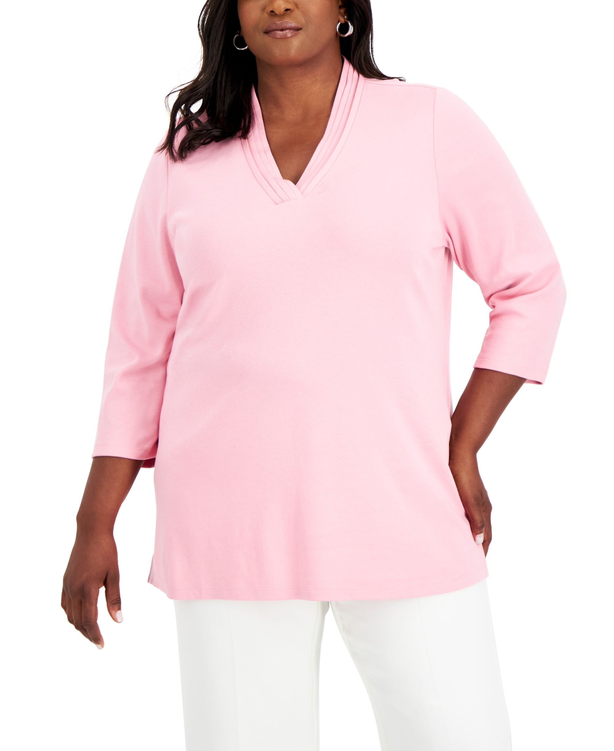 Karen Scott Plus Size Cotton Pleated Neck 3/4 Sleeve Tunic