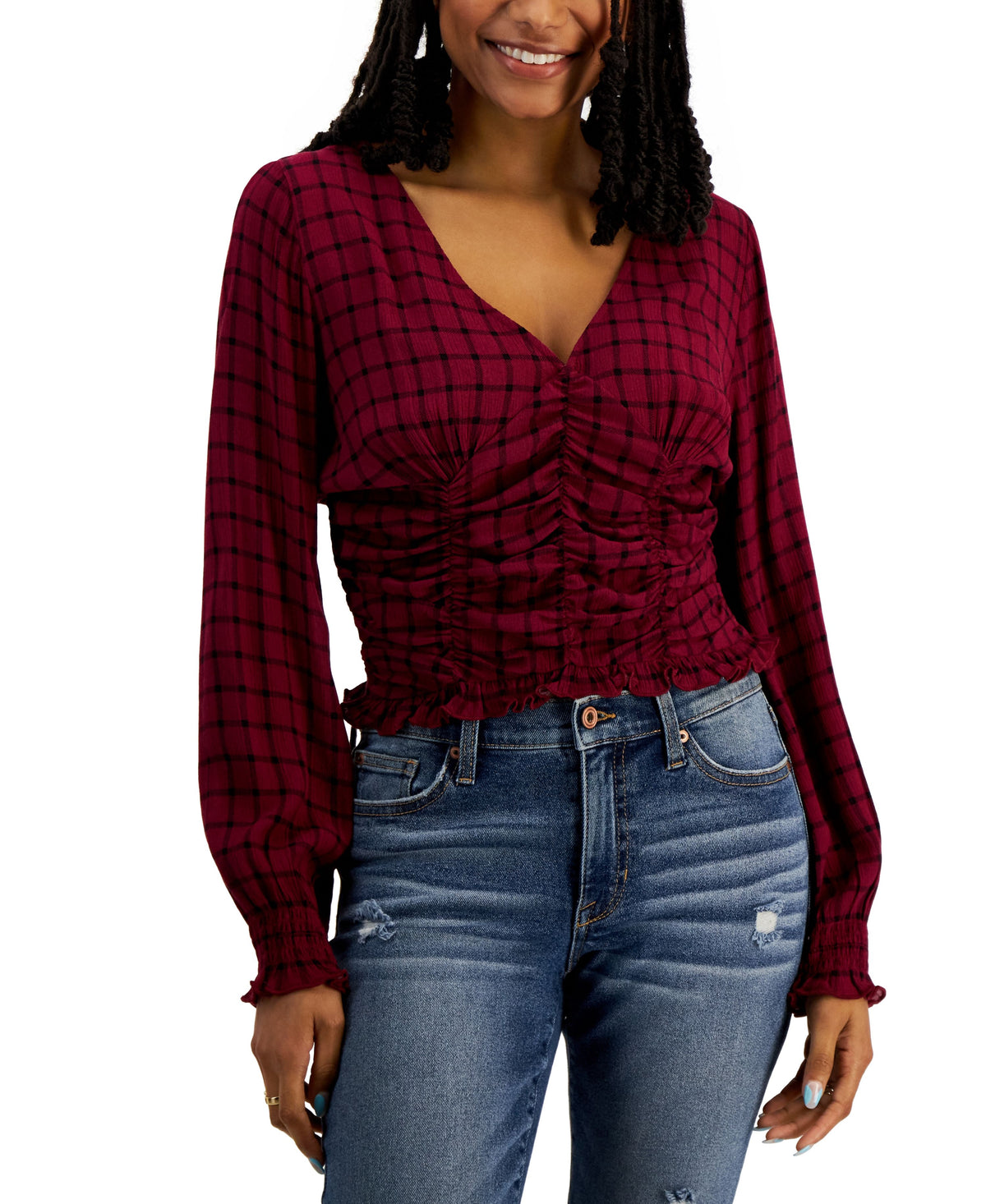 Juniors' Smocked Long-Sleeve Top