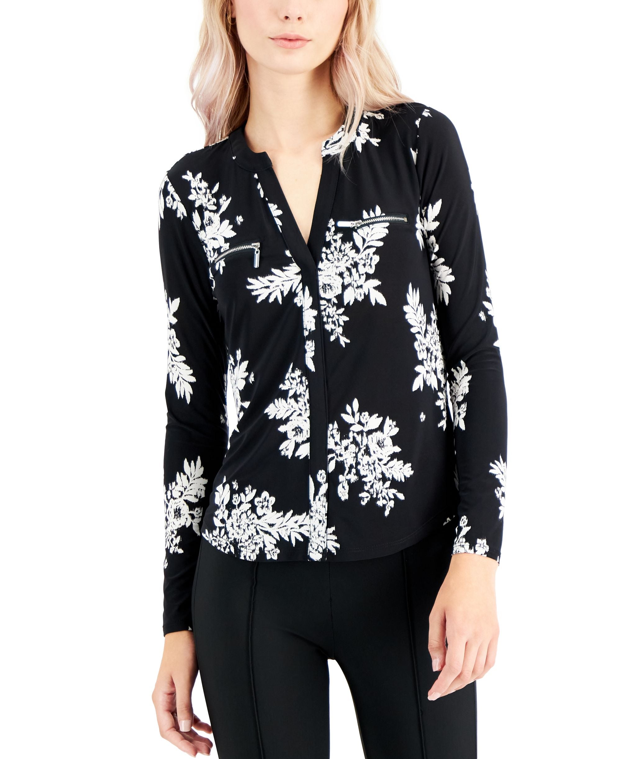 International Concepts Petite Floral Print Zip Pocket Top