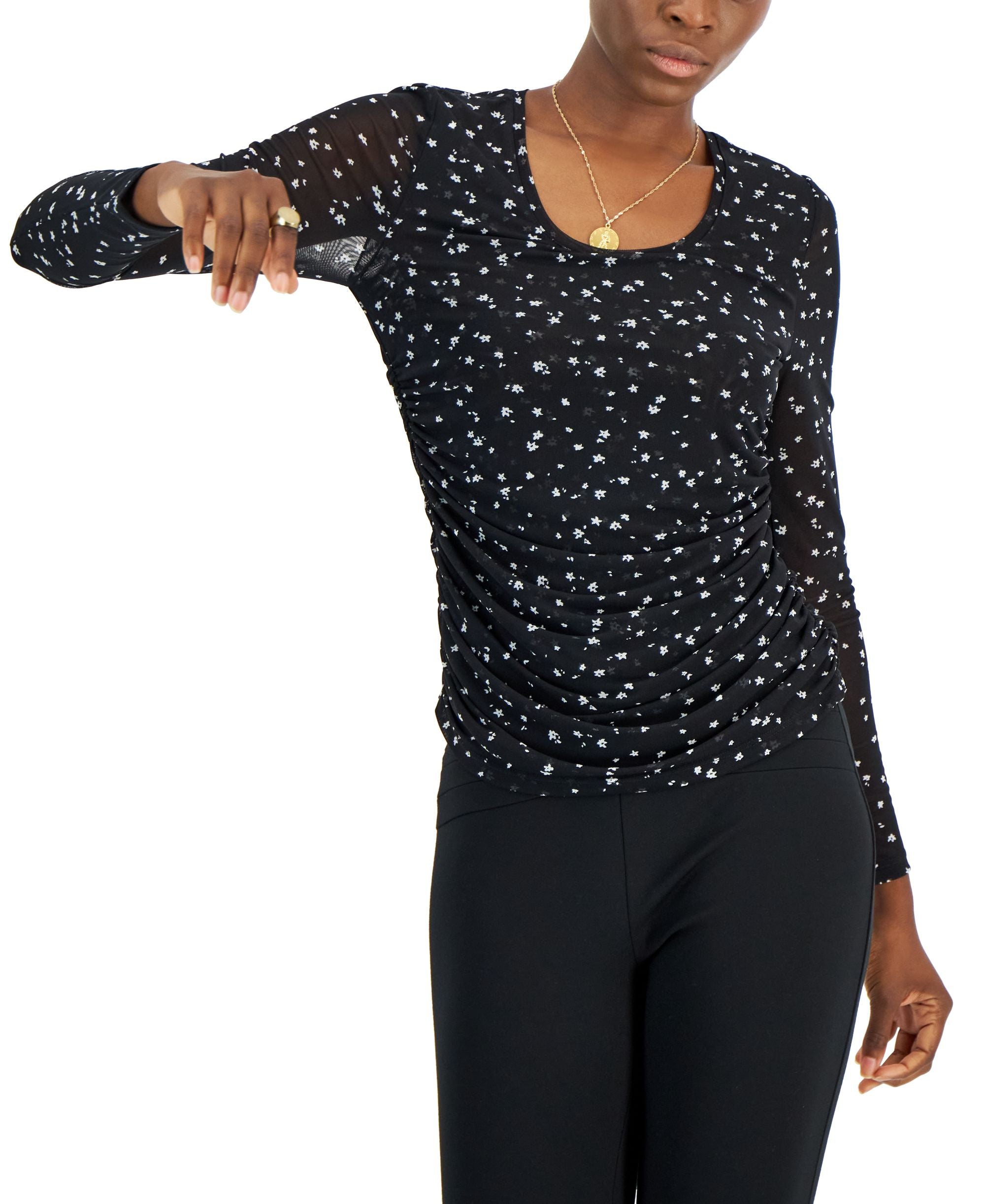 INC International Concepts Petite Printed Side Ruched Mesh Top