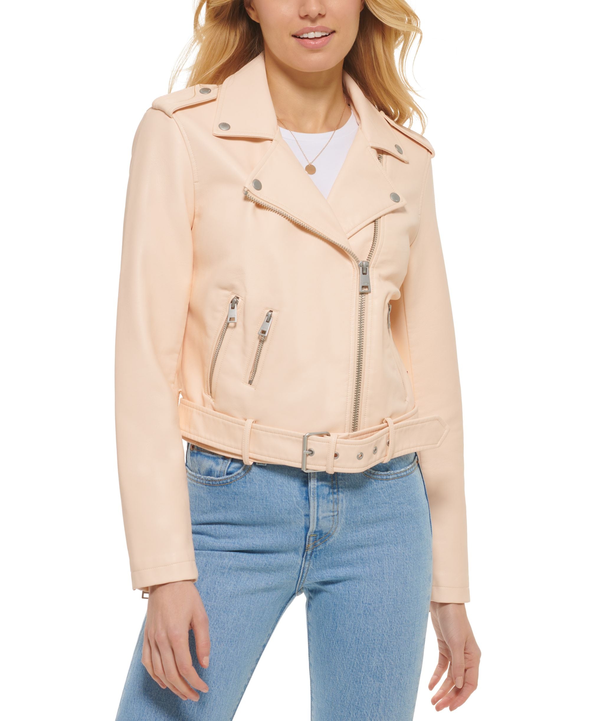 Women's Faux-Leather Belted Hem Moto Jacket