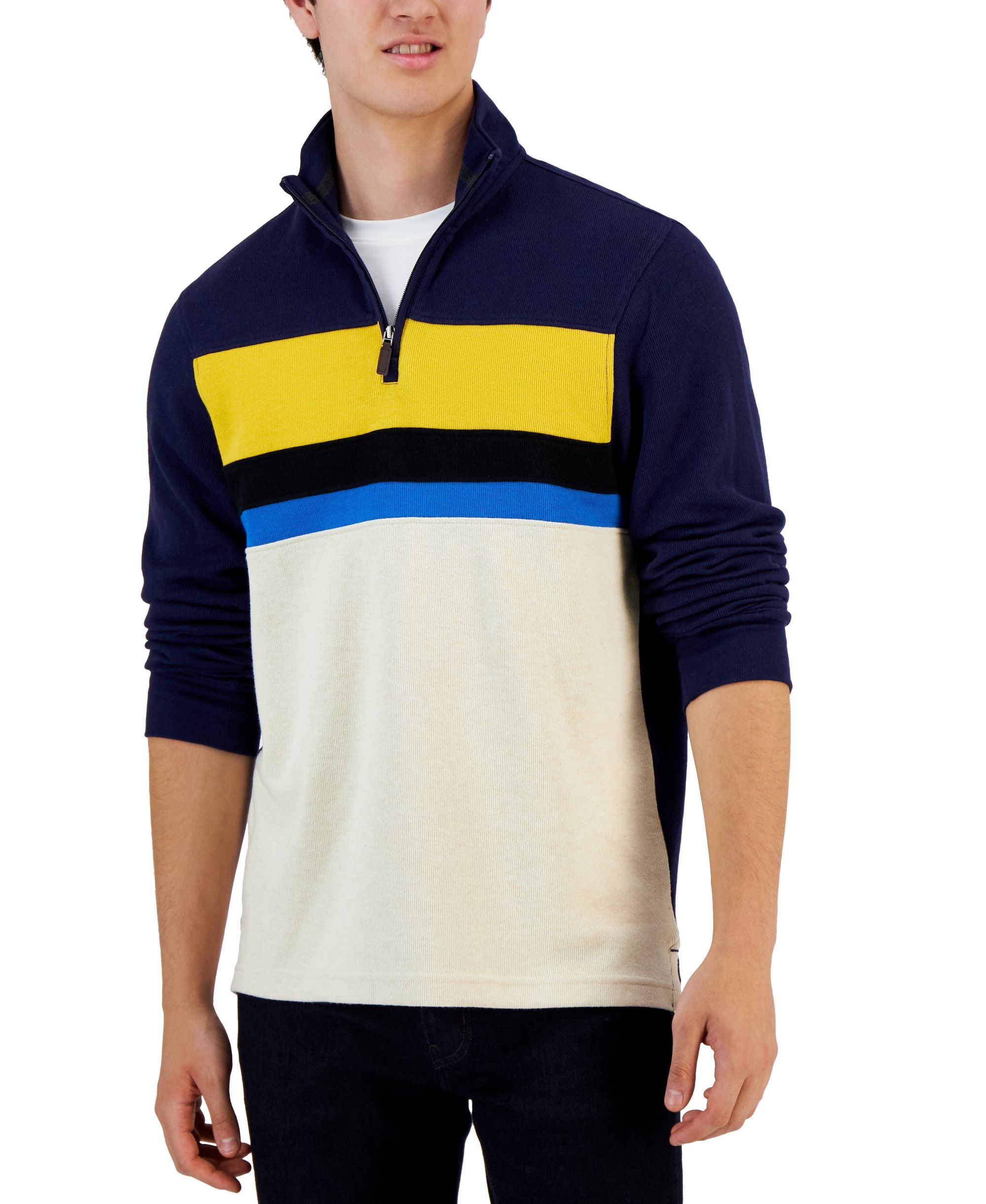 Club Room Mens Colorblocked French Rib Quarter Zip Sweater