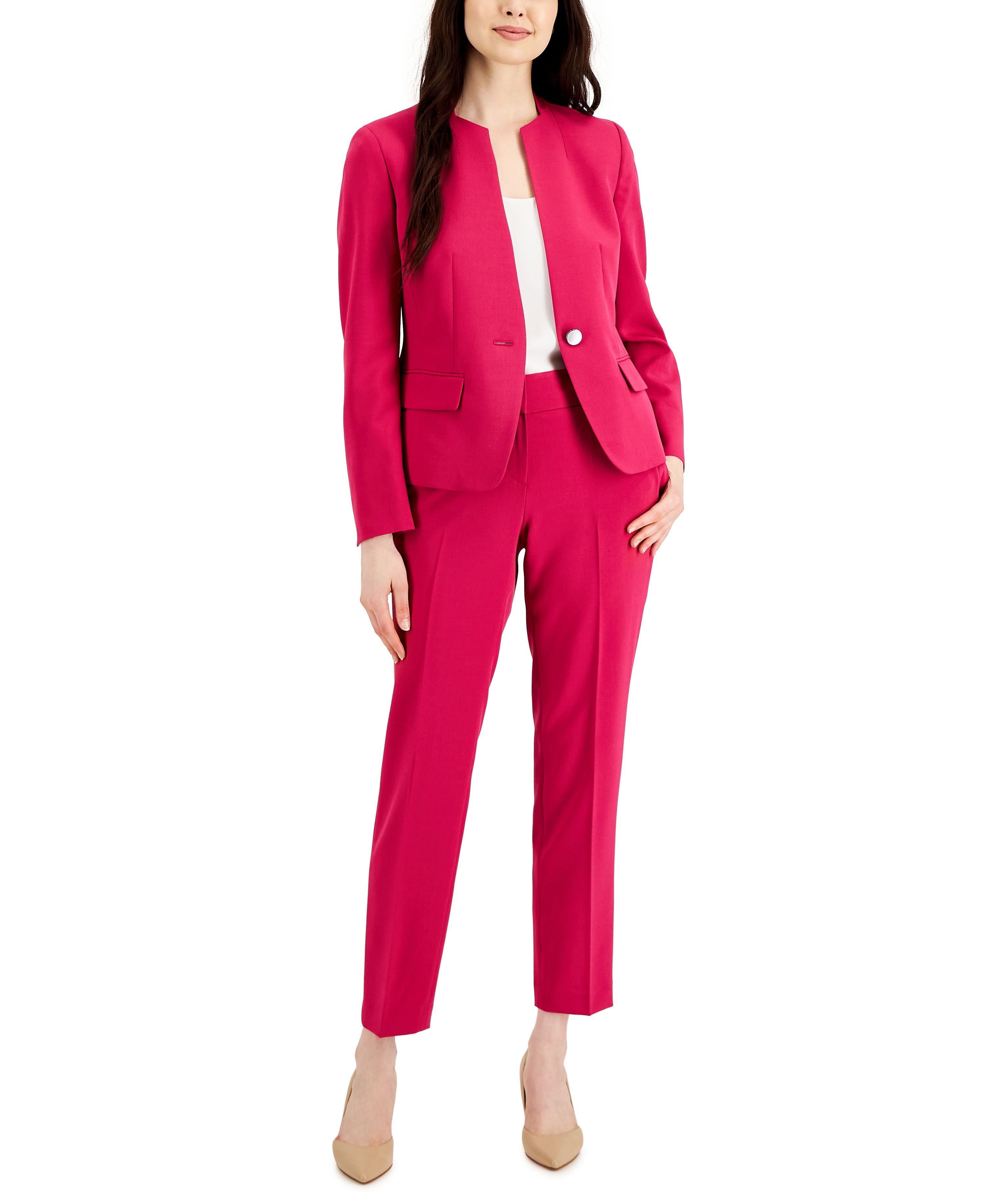 Single-Button Blazer and Slim-Fit Pantsuit, Regular and Petite Sizes