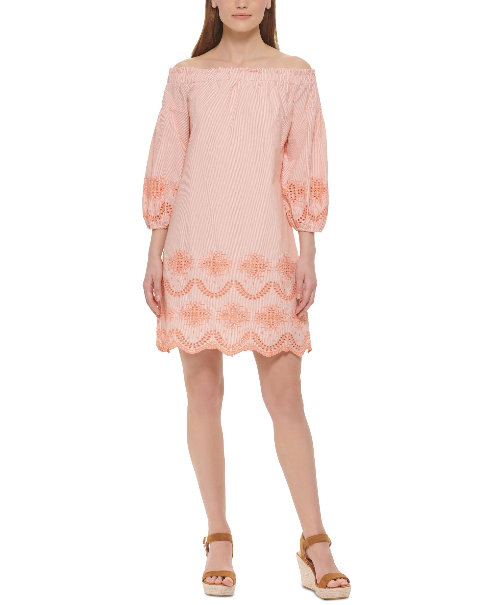Vince Camuto Womens Cotton Eyelet Off The Shoulder Dress