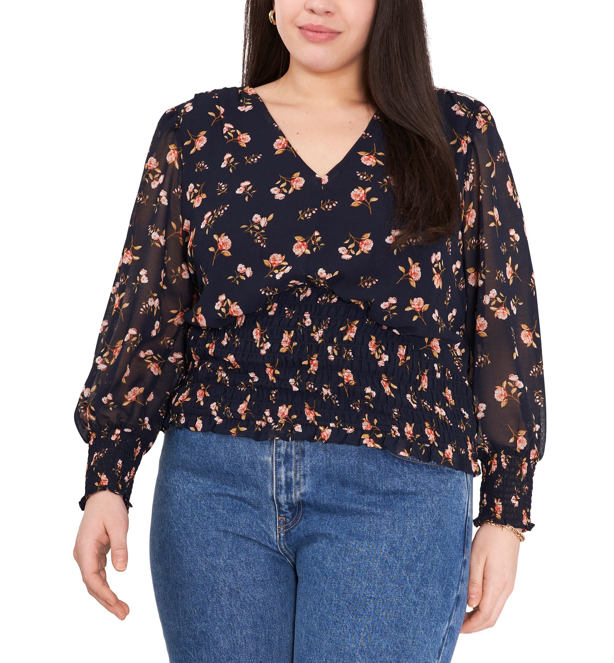 1.State Trendy Plus Size Printed Smocked Waist Top