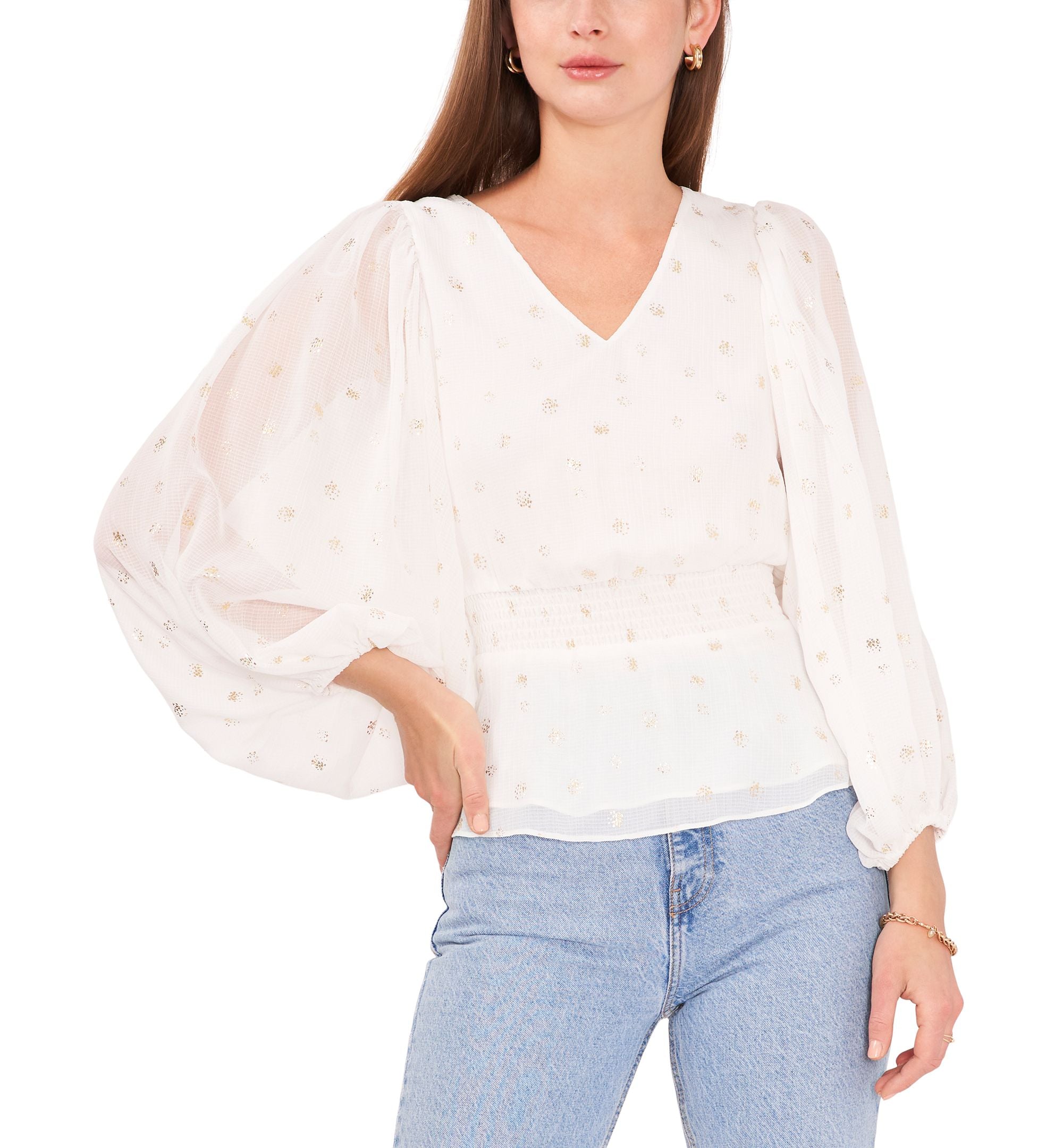 Vince Camuto Womens Foiled Smocked Hem Puff Sleeve Blouse