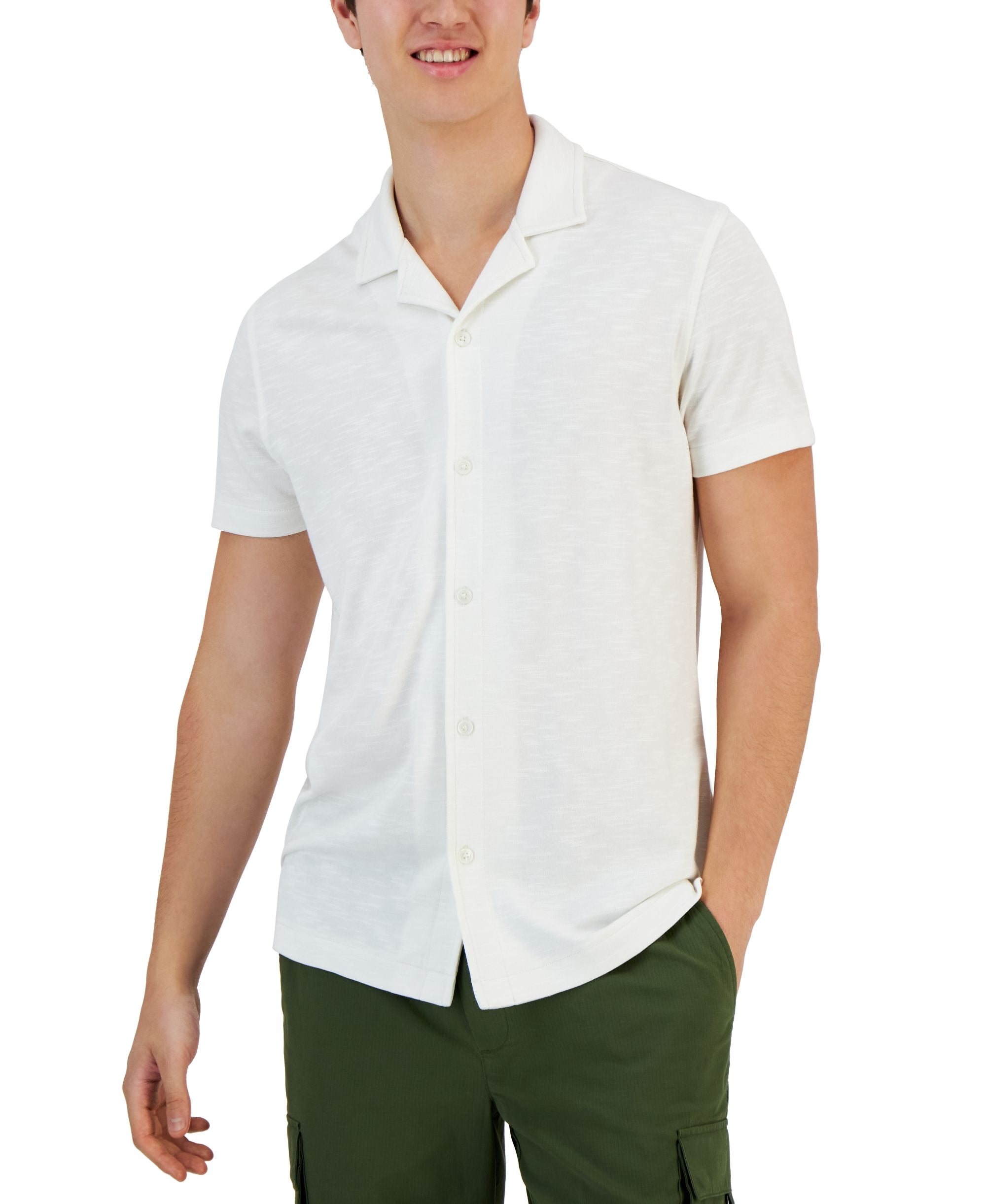 Men's Slub Pique Textured Short-Sleeve Camp Collar Shirt