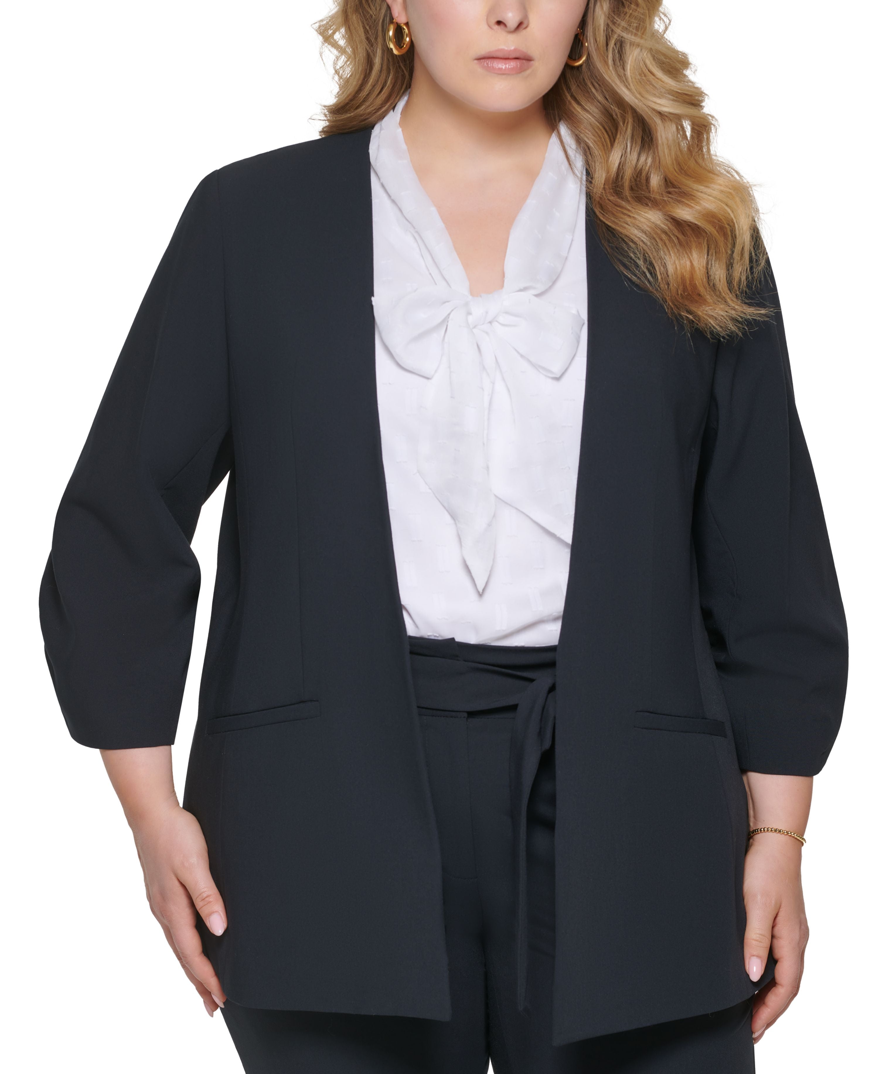 Plus Size Collarless 3/4-Sleeve Jacket