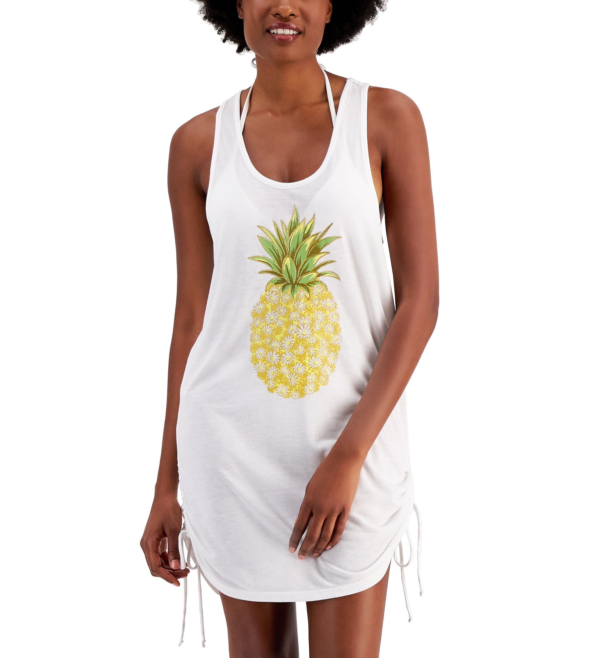 Juniors' Pineapple-Graphic Side-Shirred Cover-Up Dress