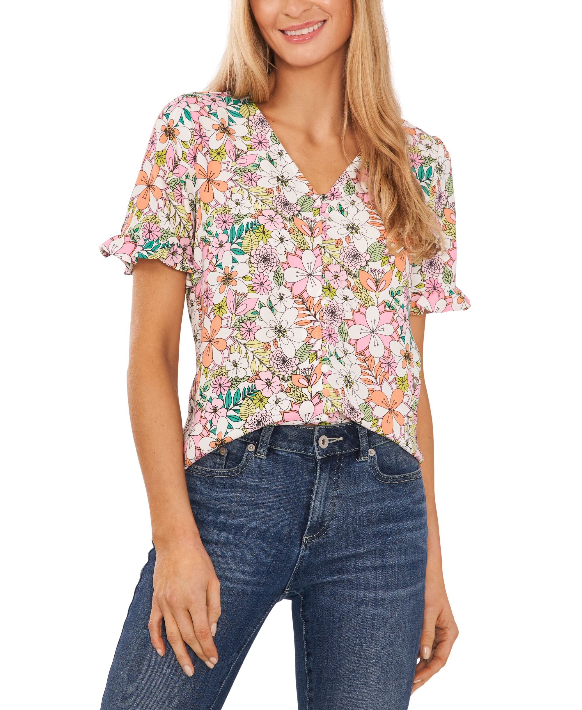 Cece Petite Floral Ruffled Sleeve Blouse