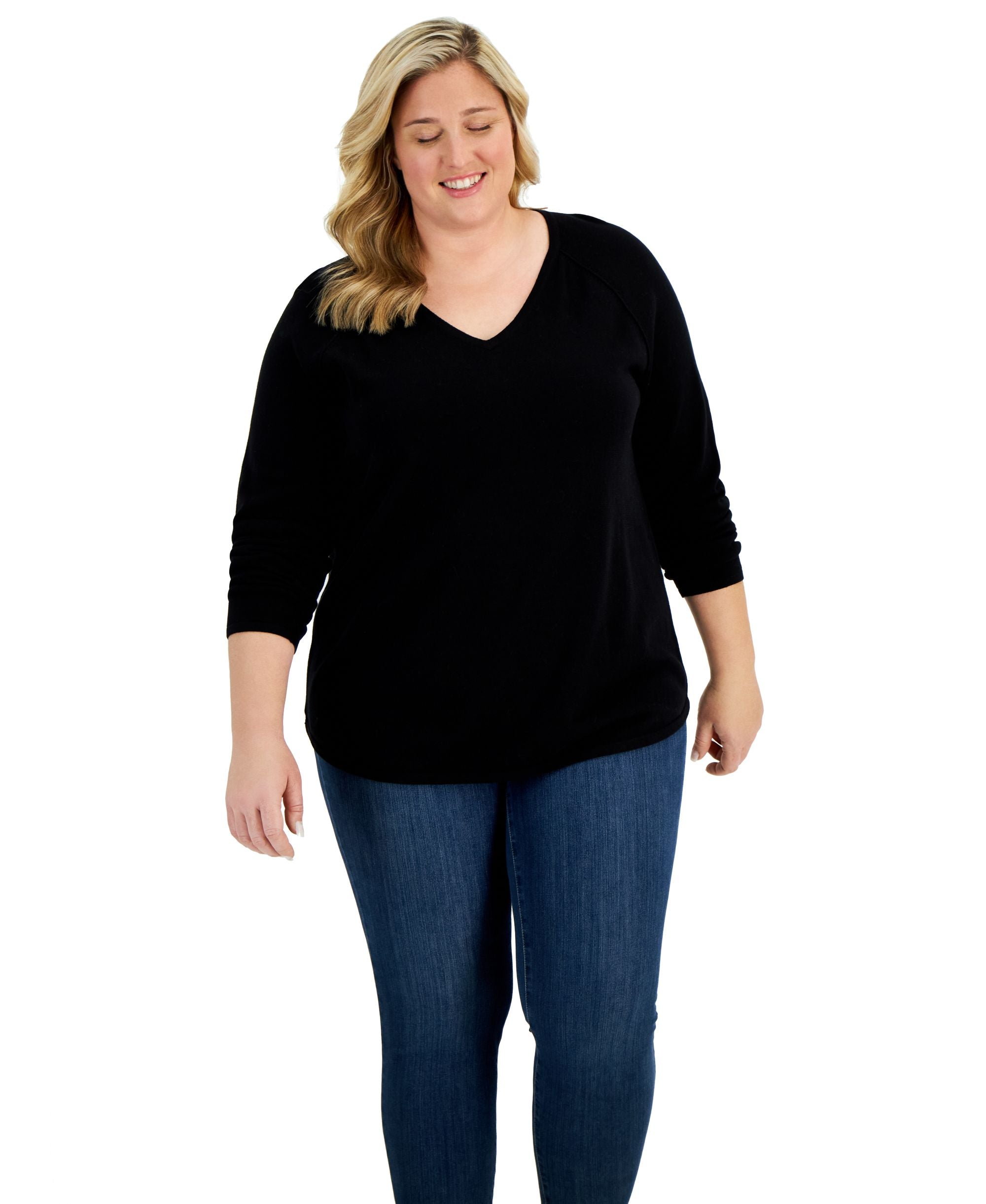 Karen Scott Plus Size Cotton V Neck Curved Hem Sweater