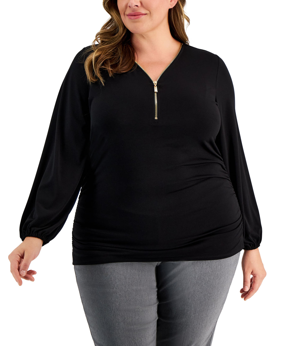 Plus Size Zip-Front Side-Ruched Top