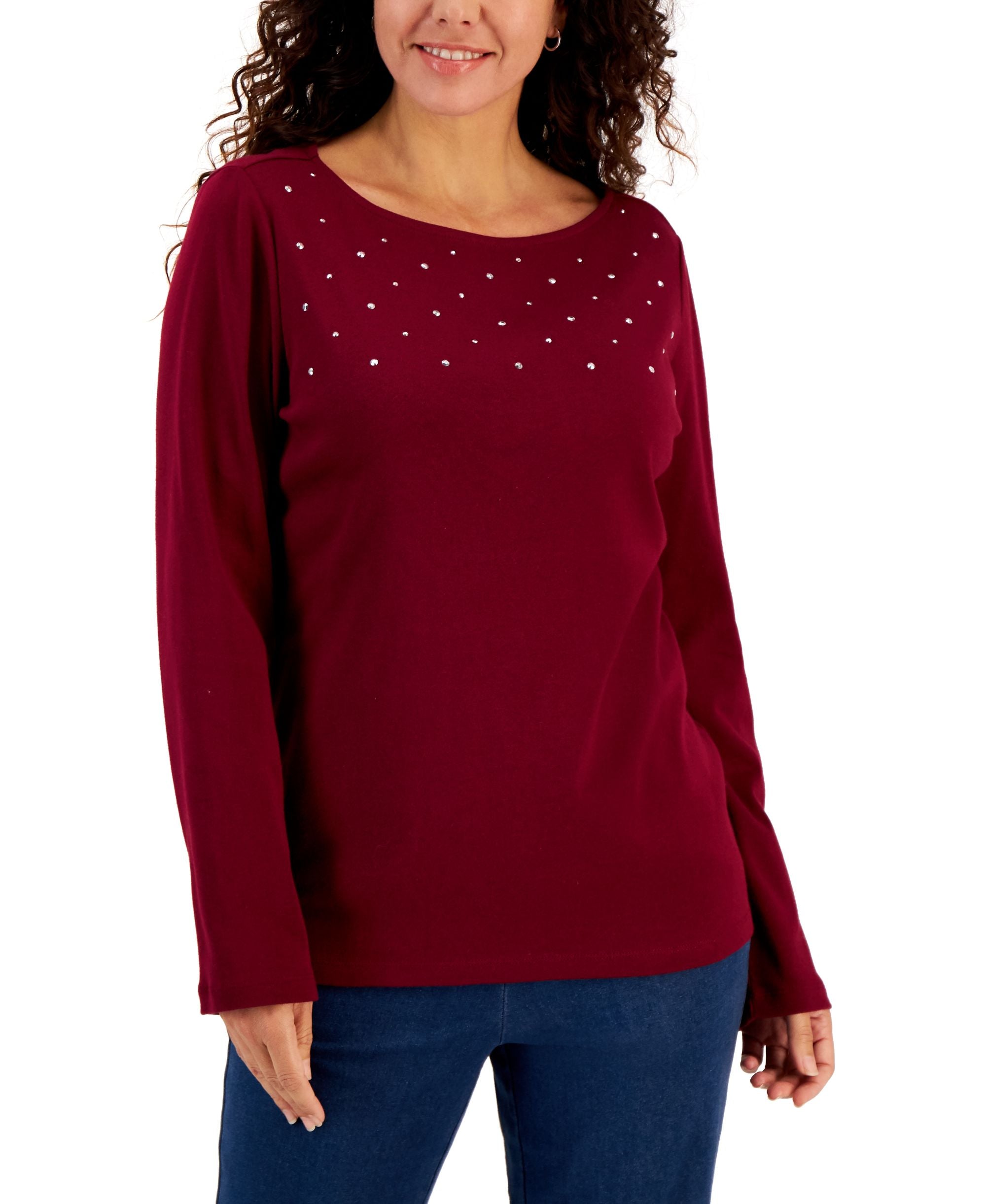 Karen Scott Womens Embellished Cotton Tunic Top