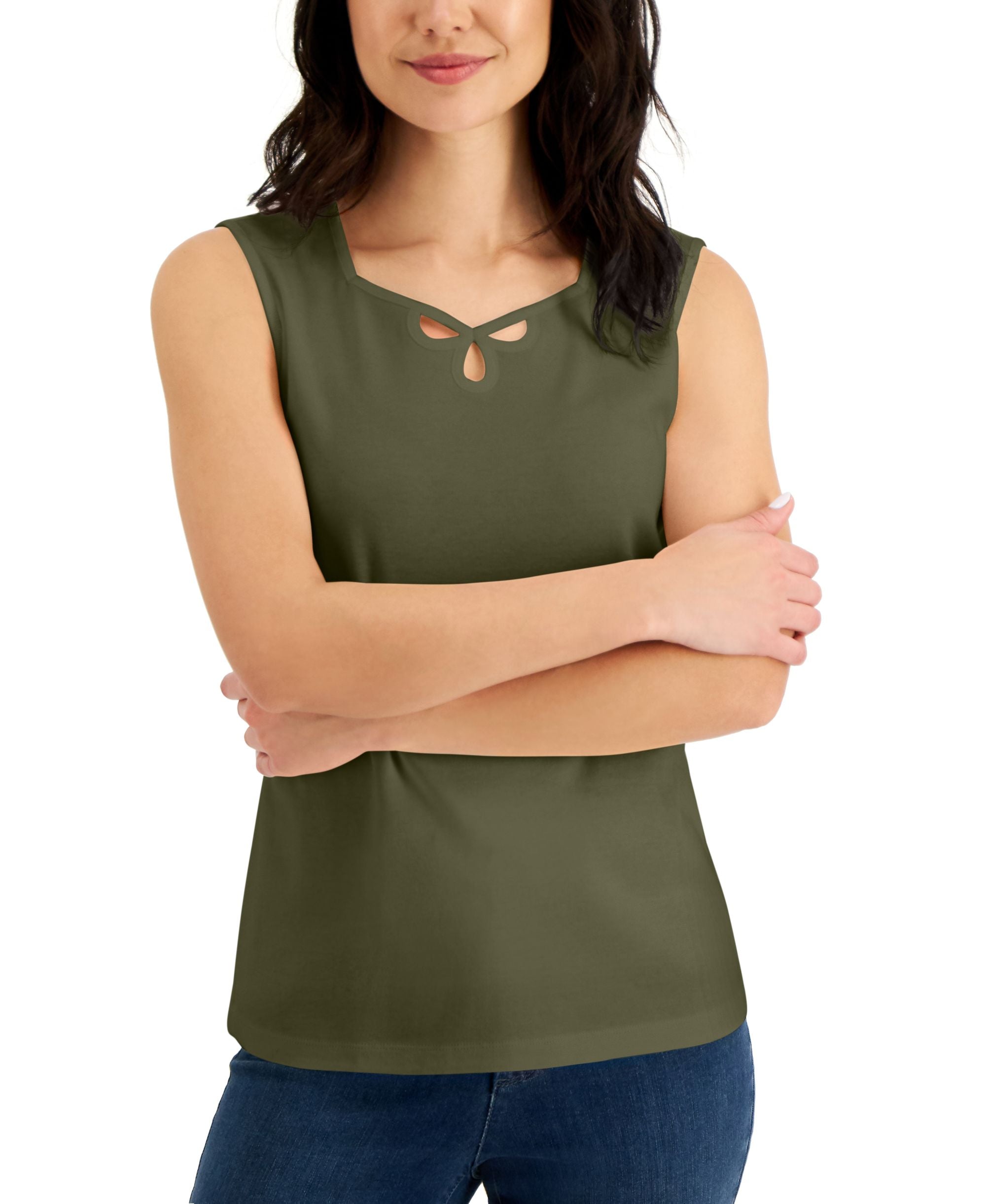 Karen Scott Cotton Sweetheart Neck Keyhole Cutout Top