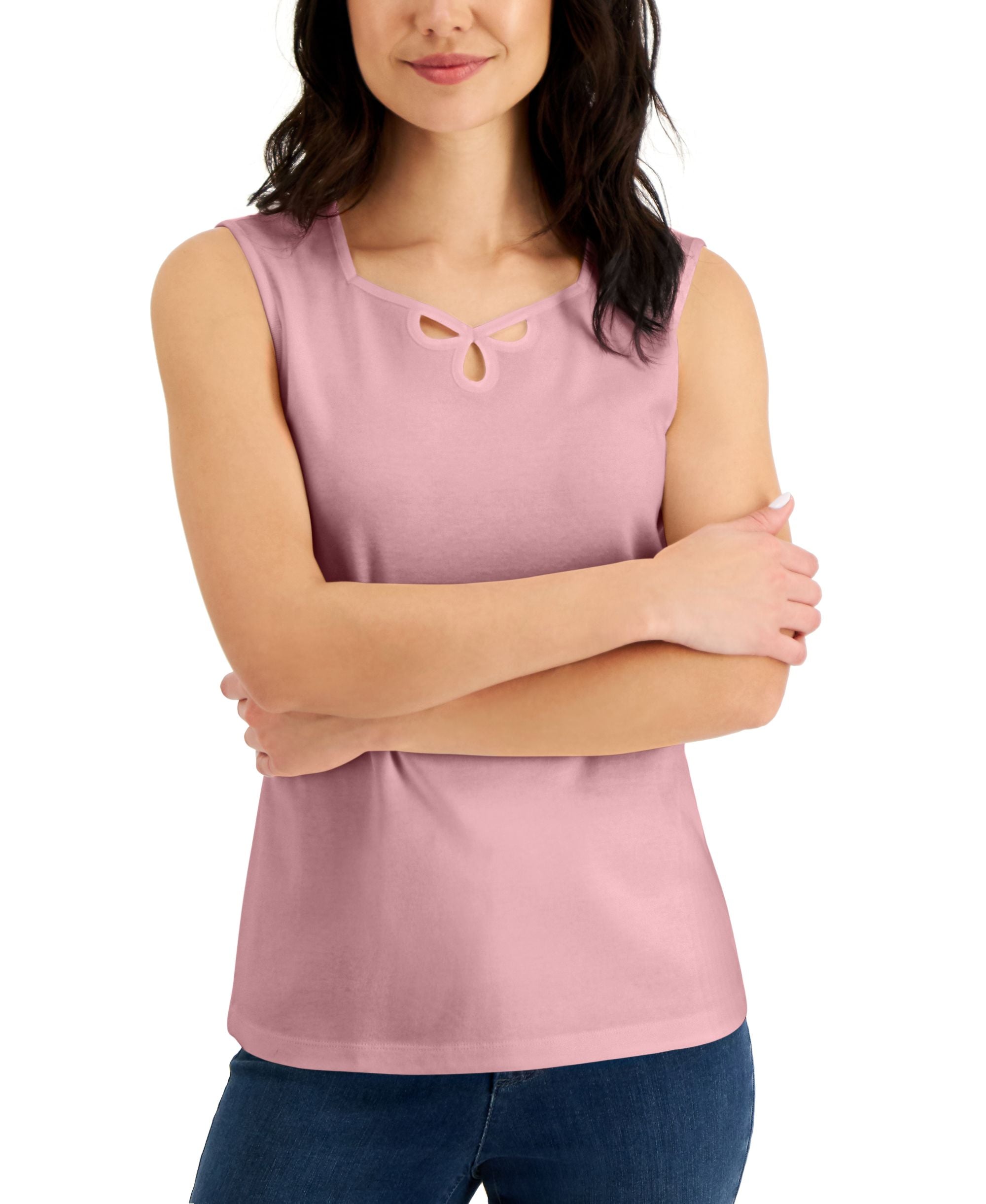 Karen Scott Cotton Sweetheart Neck Keyhole Cutout Top