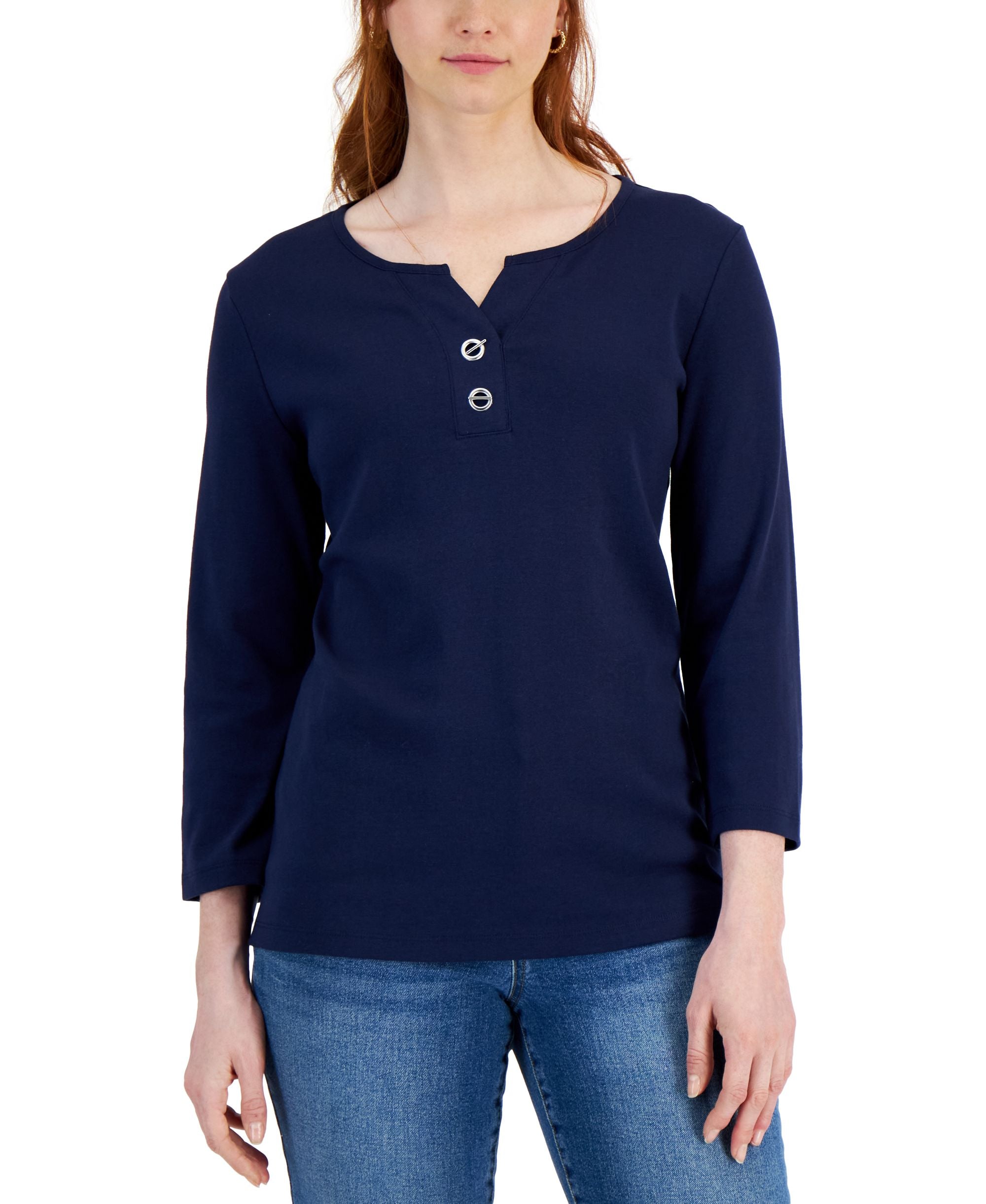 Karen Scott Womens Cotton Toggle Henley Top