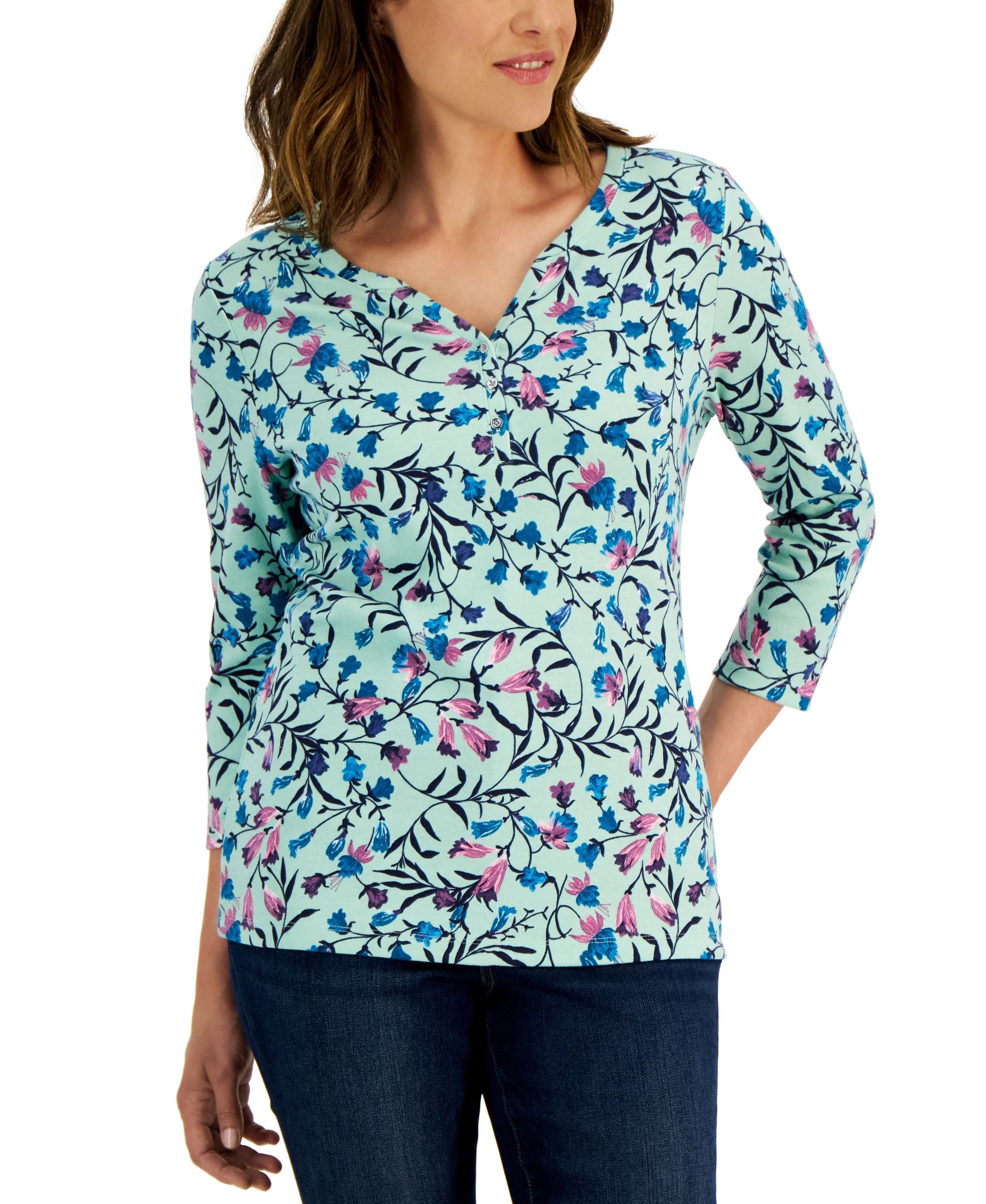 Karen Scott Womens Carolina Vine Print 3/4 Sleeve Henley Top