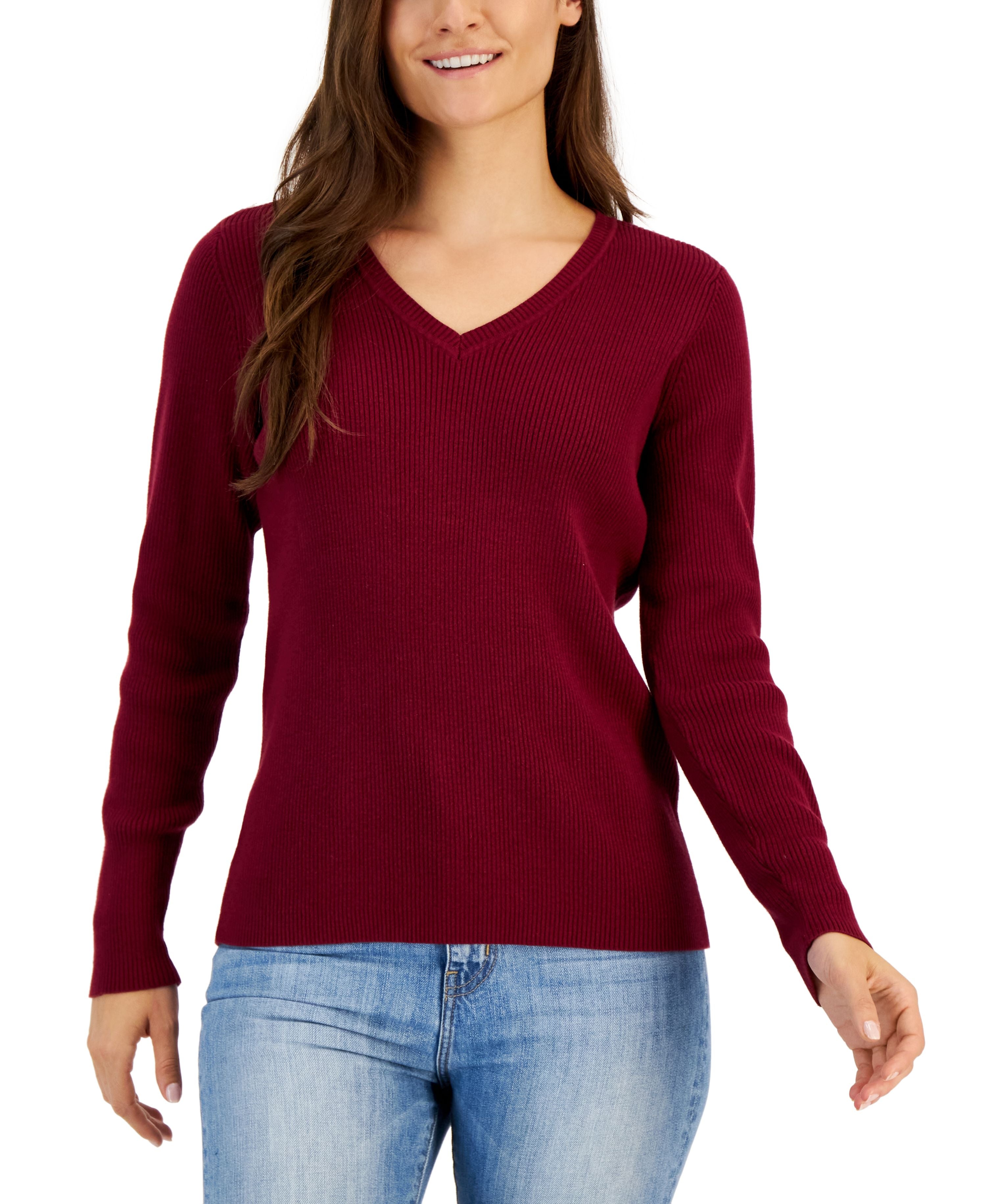 Petite Cotton V-Neck Ribbed Sweater