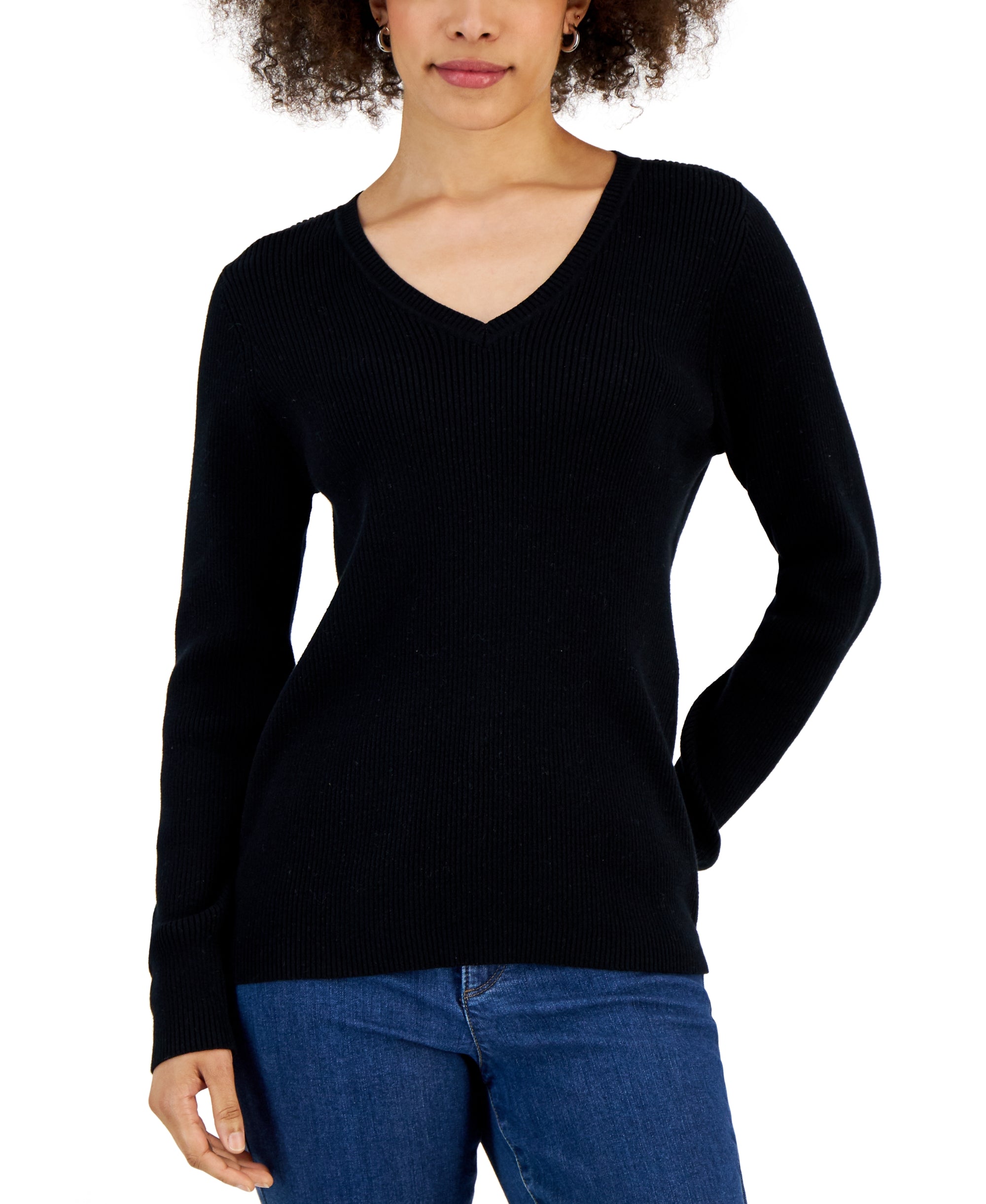 Petite Cotton V-Neck Ribbed Sweater